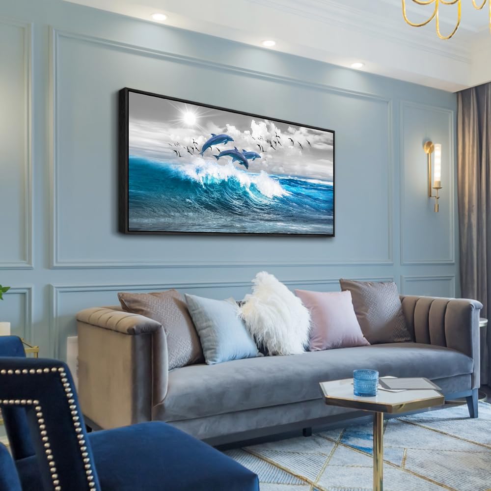 Wapluam Canvas Print Wall Art For Living Room Large Wall Decor For Bedroom Blue Waves Of The Sea Wall Pictures Artwork Modern Office Dolphins Wall Paintings Black Framed Home Decorations Poster