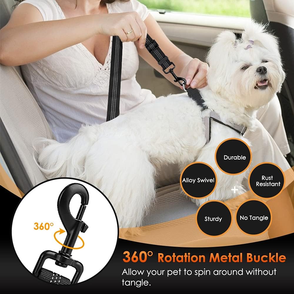 SlowTon Dog Seat Belt, Adjustable Dog Safety Belt Leash, 2 in 1 Latch Bar Attachment Dog Car Seatbelt with Elastic Nylon Bungee Buffer, Reflective Nylon Belt Tether Connect to Dog Harness (Black)