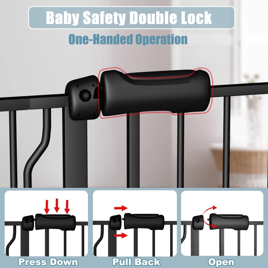 Walk Through Black Baby Gate 43.5-48 Inch Wide, Pressure Mounted Safety With Door No Drill, Tension Metal for Dog Cat and Toddler