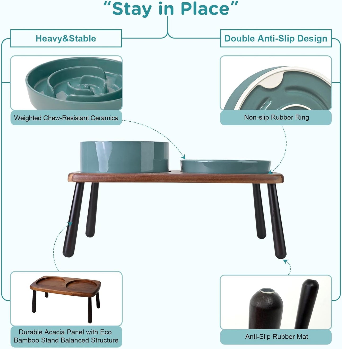 SPUNKYJUNKY Ceramic Elevated Dog Bowls with Slow Feeder Raised Acacia Bamboo Wooden Stand, 8.3'' Dog Food Water Bowls Set Non-Slip for Medium Large Sized Breed Microwave Dishwasher Safe - Dark Green