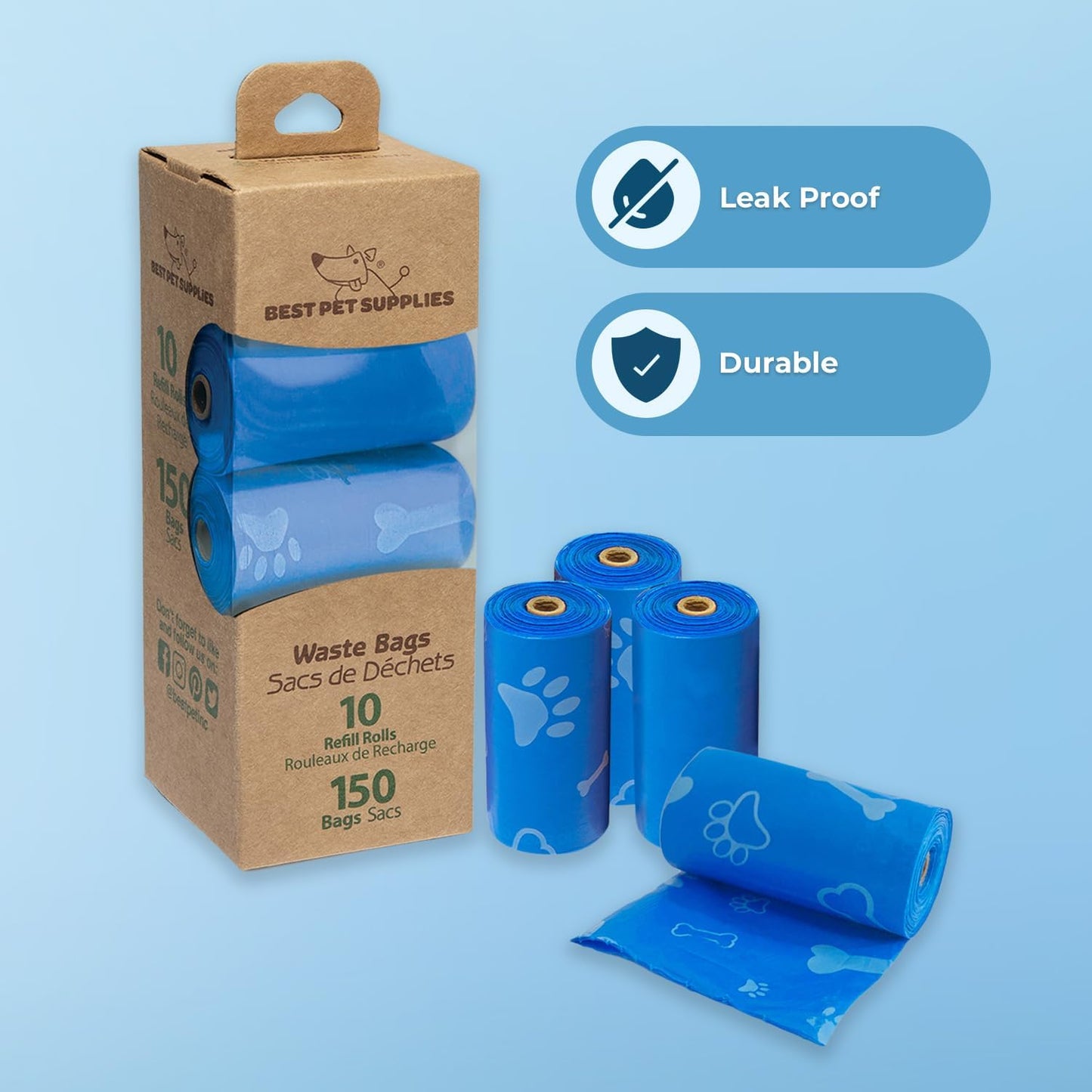 Best Pet Supplies Dog Poop Bags (150 Bags) for Waste Refuse Cleanup, Doggy Roll Replacements for Outdoor Puppy Walking and Travel, Leak Proof and Tear Resistant, Thick Plastic - Blue (Unscented)