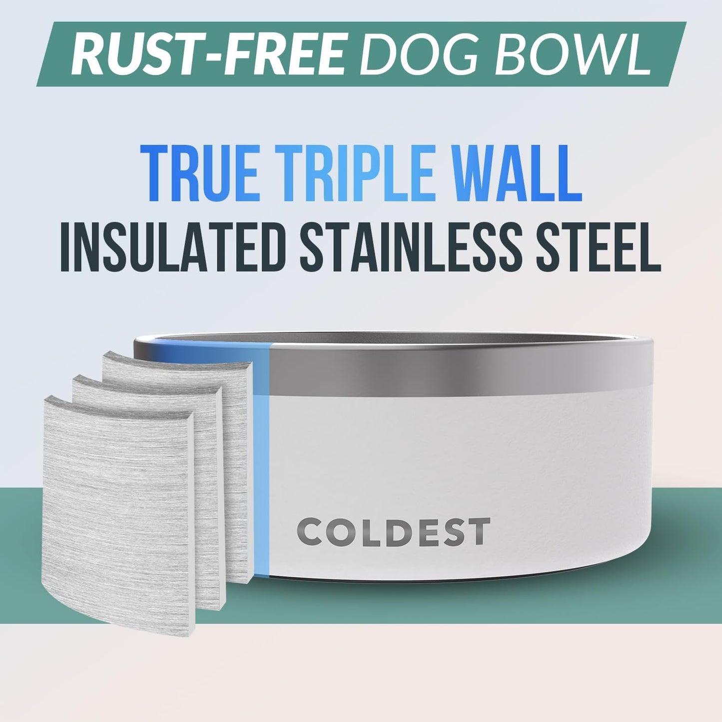 Coldest Dog Bowl - Anti Rust Metal, Non Slip, 3 Layers Insulated Stainless Steel Dog Bowls - Spill Proof & Heavy Duty - Water Bowl for Dogs, Cats & Pets, Dish Washer Safe (100 oz, Epic White)