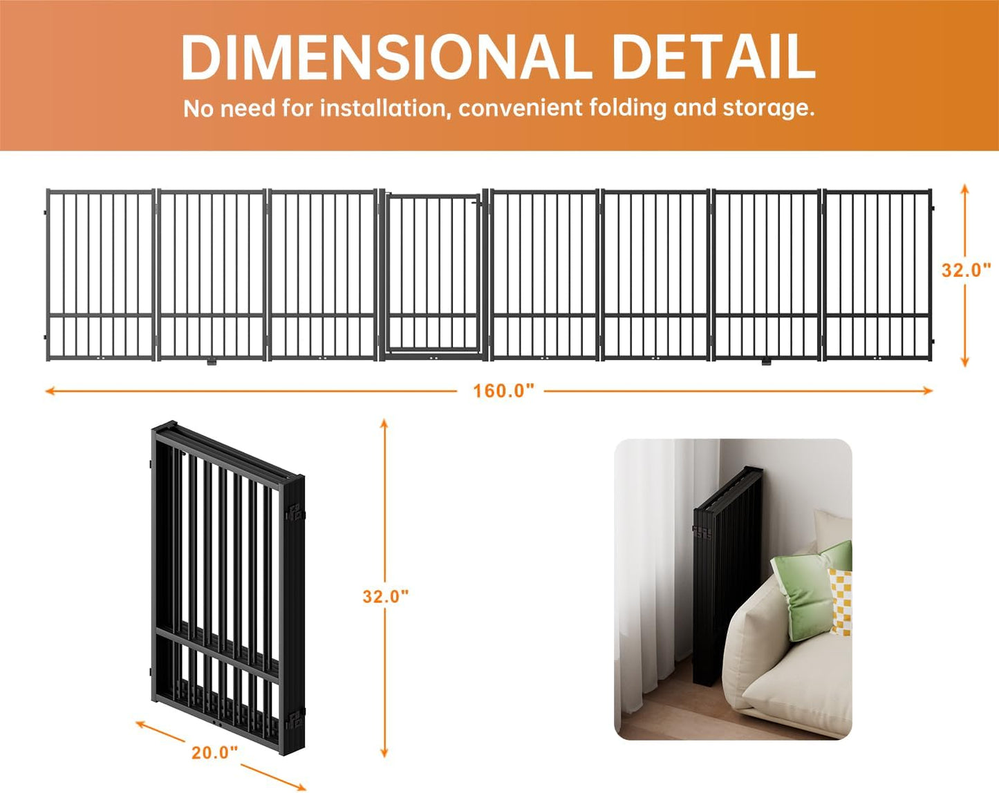 Full Metal Freestanding Dog Gate with Door, 32''Height Foldable Pet Dog Fence for Indoor & Outdoor, 8 Panels Extra Wide Free Standing TallDog Gates for Doorways,House,Stairs,Porch,Deck,Yard