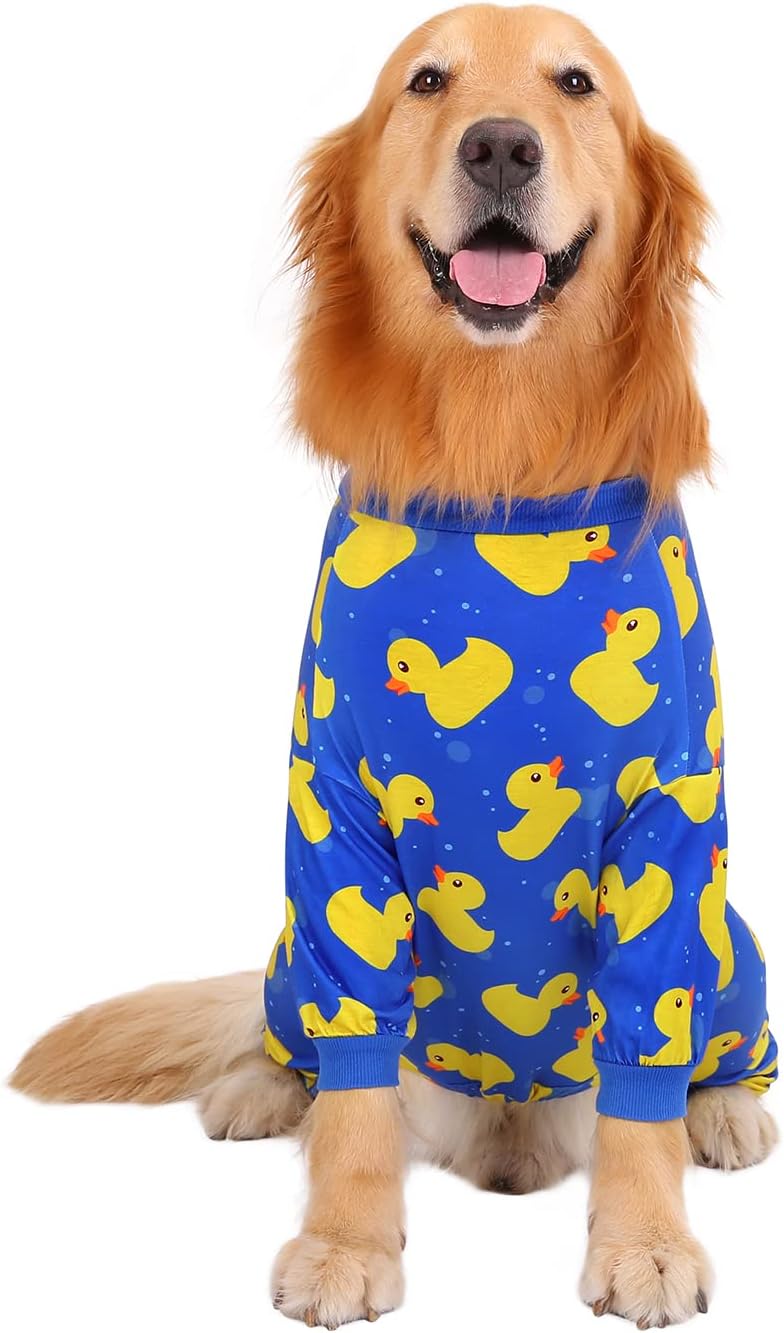 HDE Dog Pajamas One Piece Jammies Jumpsuit Pet Clothes Outfit Stretchy Lightweight Comfy Shirt Pjs for M-3XL Dogs Ducks Blue - XL