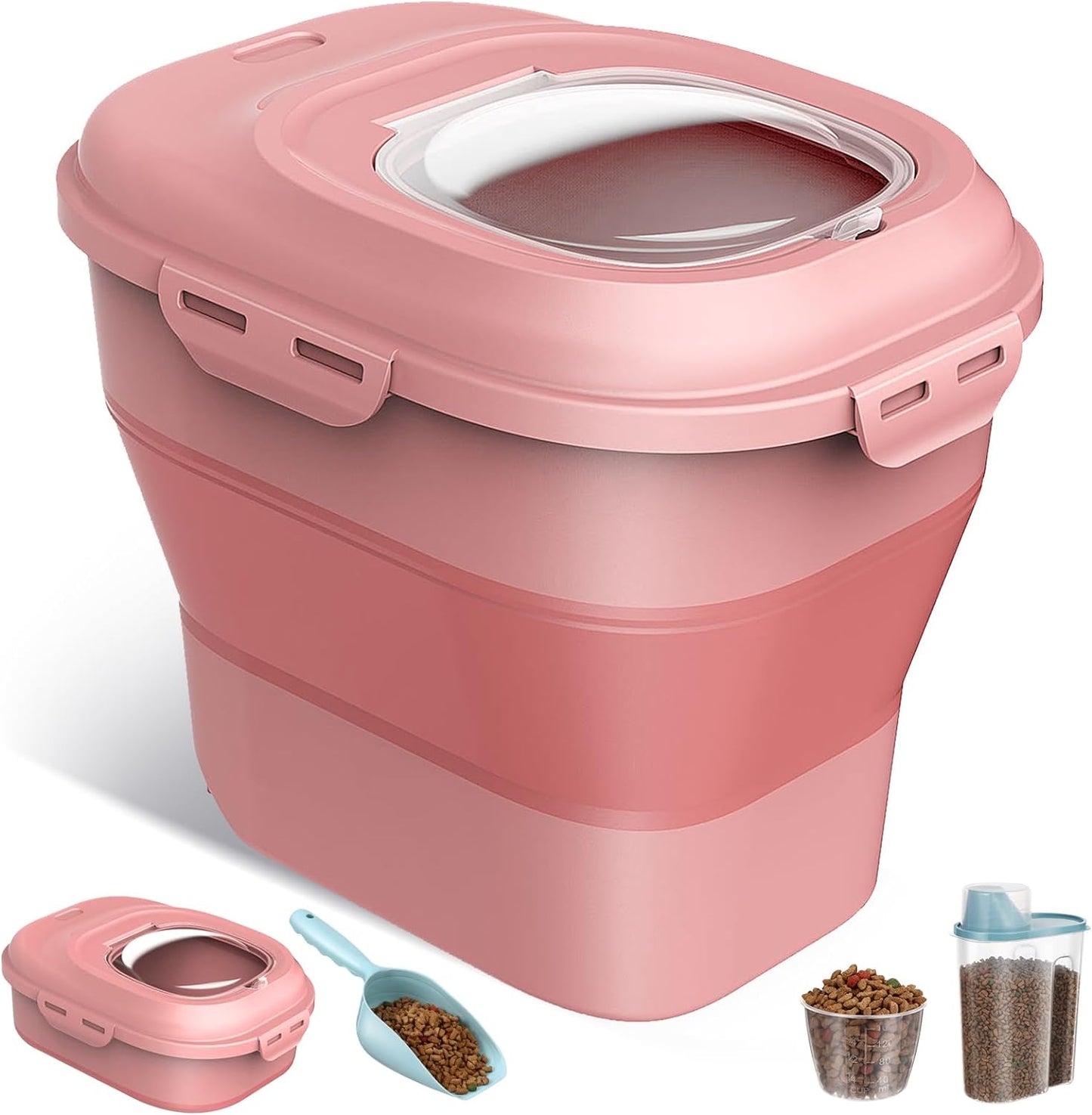 ANVS Dog Food Storage Container - Collapsible Dog Food Container with Airtight Lids, Scoop and 2.5L Small Pet Food Storage Container Dry Food For Dog, Cat and Other Pet Food (Pink, 30 lbs)