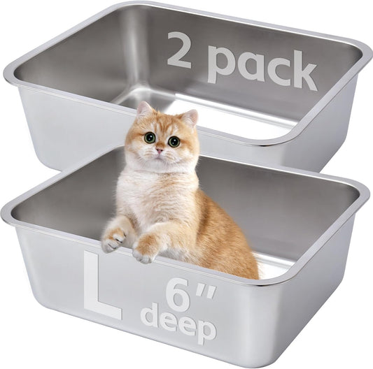 Stainless Steel Litter Box 2 Pack，Metal Litter Box Easy to Clean,Cat Litterbox Supplies for Kitten, Kitty, Rabbit, 6" High Side Cat Litter boxs,Stainless Steel LitterBox, No Smell,Non Stick