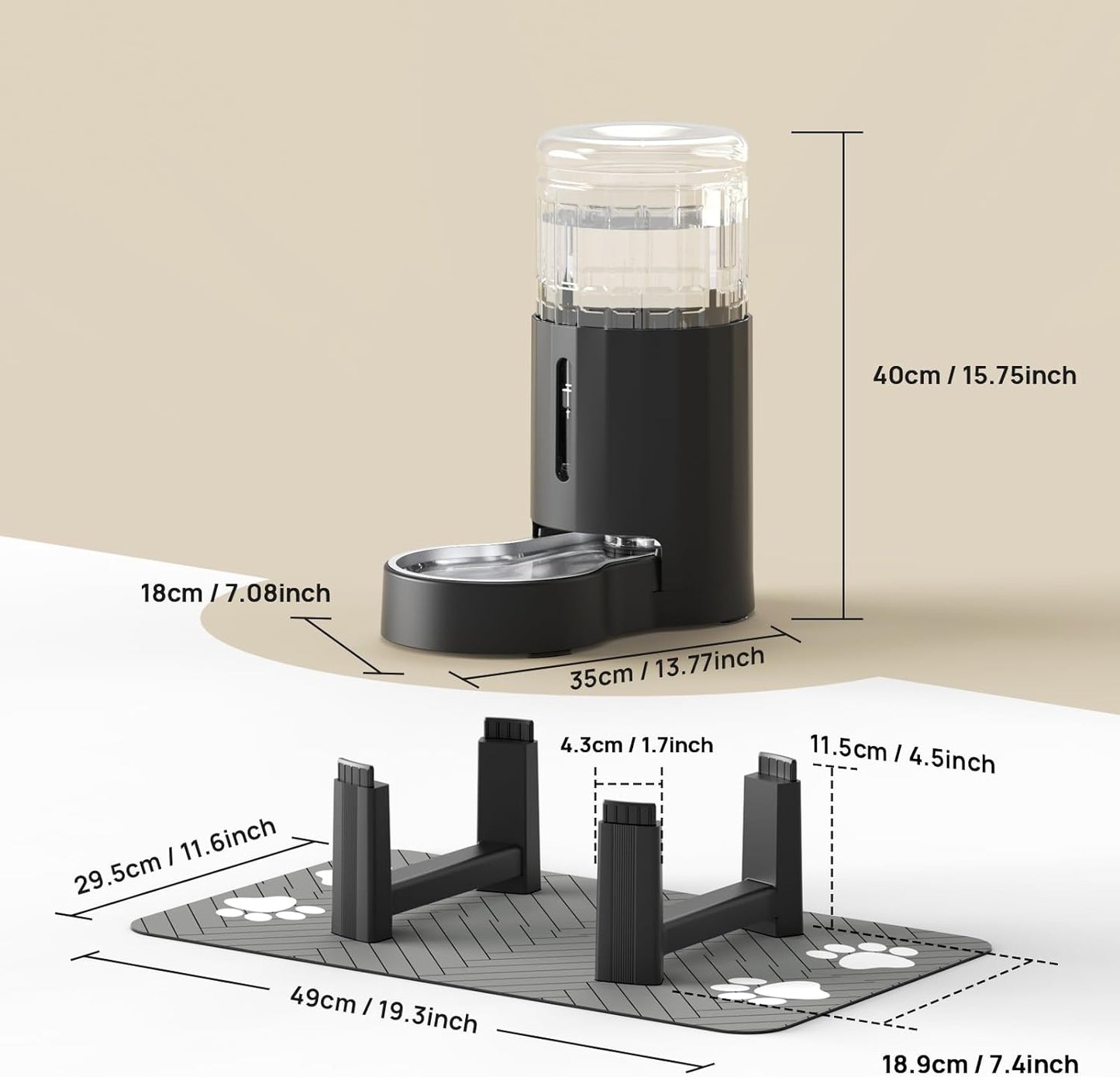 CZPET Elevated Dog Water Bowl Dispenser with Mat for Large Dogs,Tall Raised Pet Waterer Stand,Relieve Neck Pressure,Large Capacity and Drinking Area Noise-Free for Pets (7L+Stand+Mat)