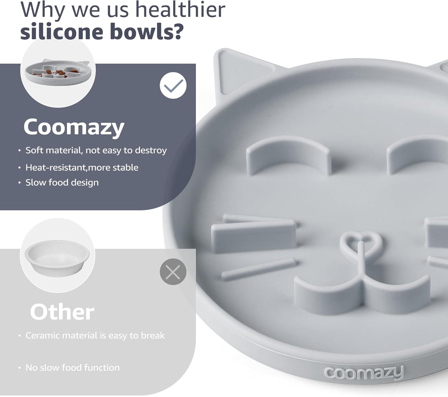 Coomazy Silicone Slow Feeder Dog Cat Bowls, Interactive Puzzle Toy for Pets Dry/Wet Food Training, Keeps Dogs Cats Busy, Prevents Puppy Kitty Overeating (Grey, 0.8 Cup)