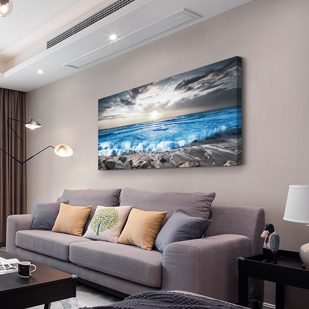 Lapremoly Large Wall Decoration For Living Room Framed Canvas Wall Art For Bedroom Office Wall Decor Black And White Beach Wall Painting Blue Sea Wave Pictures Artwork Modern Hotel Room Home Decor