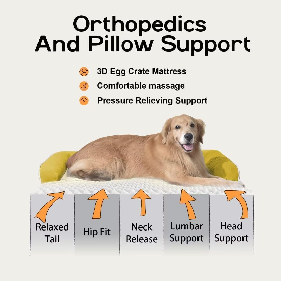 Large Dog Bed Orthopedic Washable - Couch Sofa - XL Large Big Dogs - Beds Bolster Pet - Memory Foam - Waterproof with Removable Cover - Ginger Yellow Dog Bed