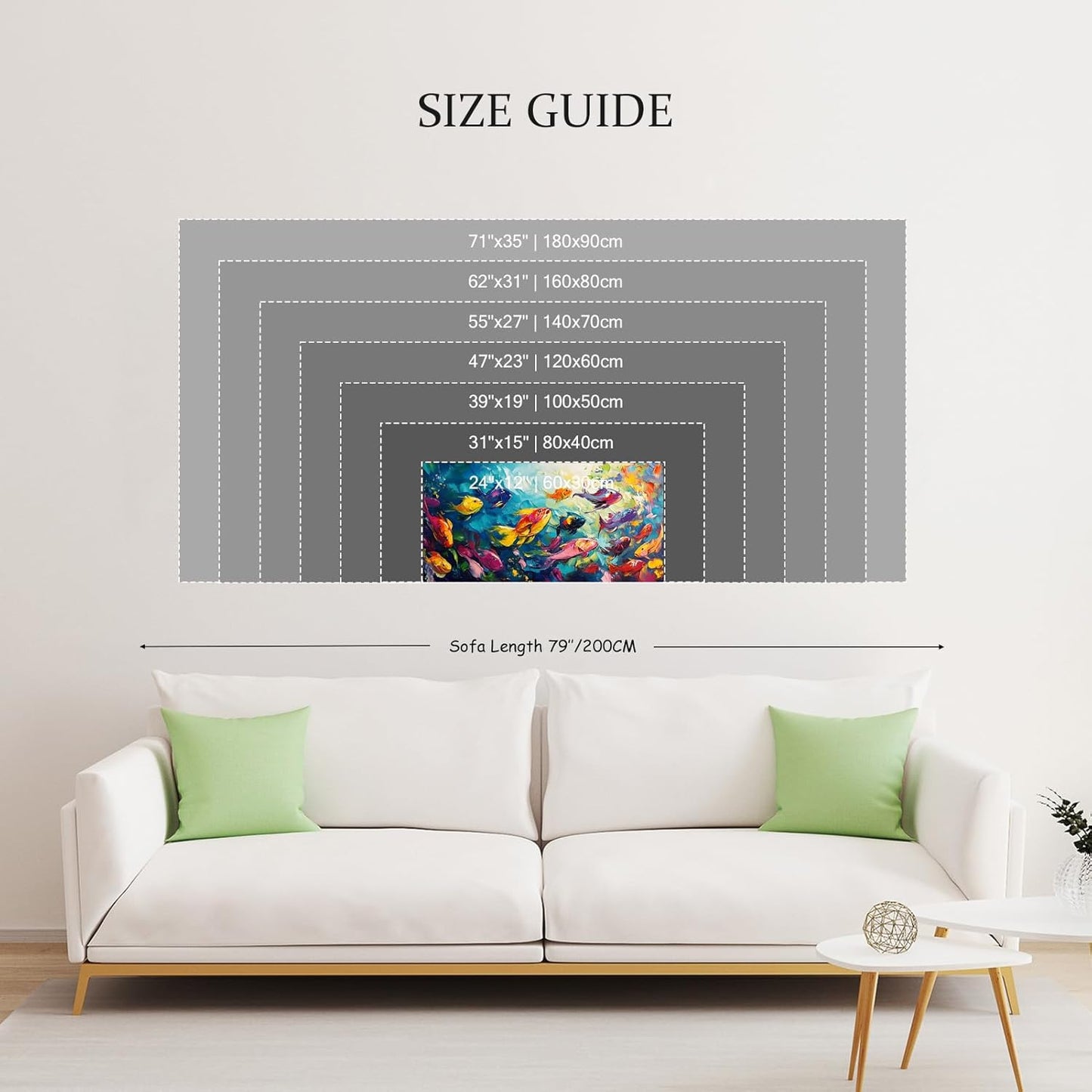 School of Fish Printed Canvas Wall Art – Framed Abstract Ocean Print – Vibrant Fish Wall Decor for Living Room, Bedroom, Office (Gold Framed, 55"x27"|140x70cm)