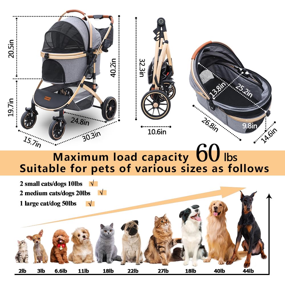 Pettingzoo Dog stroller with 4 Wheels, Folding Cat Stroller for Small/Medium/Large dogs & cats to 60 lbs, pet stroller with removable carrier, Storage BasketCup Holder,3 in1 Multifunctional Detachable