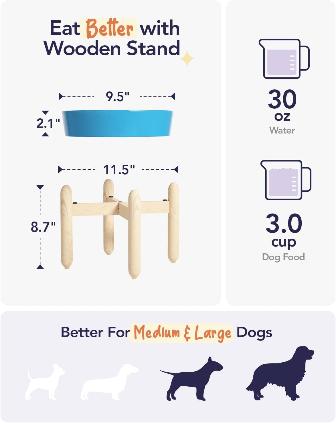 LE TAUCI Ceramic Slow Feeder Dog Bowls Elevated, 3 Cup Raised Bowl with Wooden Stand for Medium Large Breed, Slow Down Eating, Puzzle Dog Food Bowl,Vortex Blue