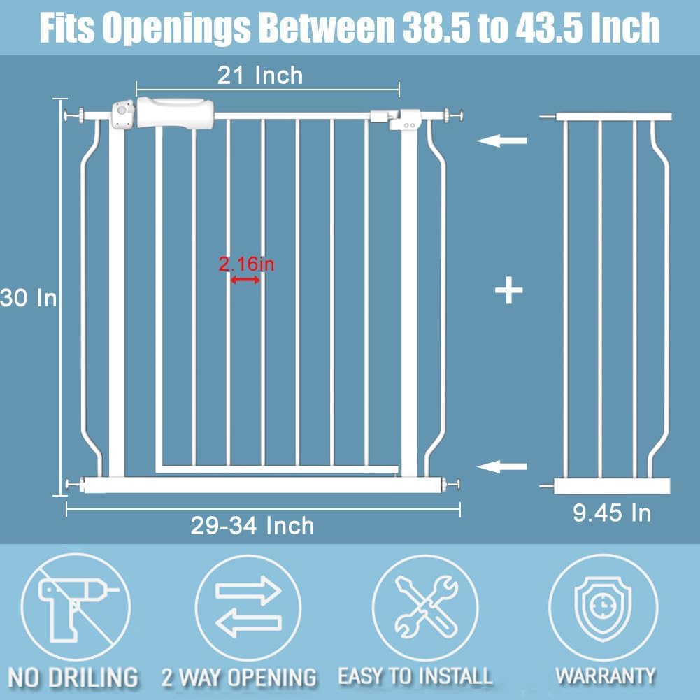 Extra Wide Baby Gate 38.5-43.5 Inch Walk Through Pressure Mounted No Drill Safety Child Gate with Door Tension Metal Gate for Stairs Doorway Puppy Dog Cat