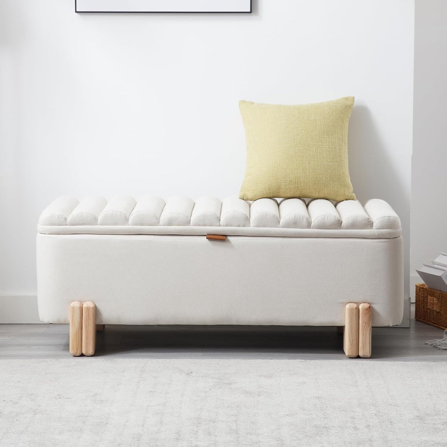 Kmax 45" Storage Bench Linen Entryway Bench Upholstered Ottoman Bench with Wavy Top & Safty Hinge for Bedroom Living Room Hallway, Beige