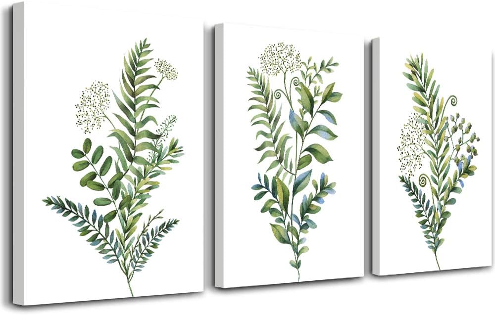 3 Pieces Framed Wall Art for Living Room Bathroom Wall Decorations Kitchen Wall decor Canvas Print decor modern Simple Bedroom Home Decoration Green leaves Poster wall paintings