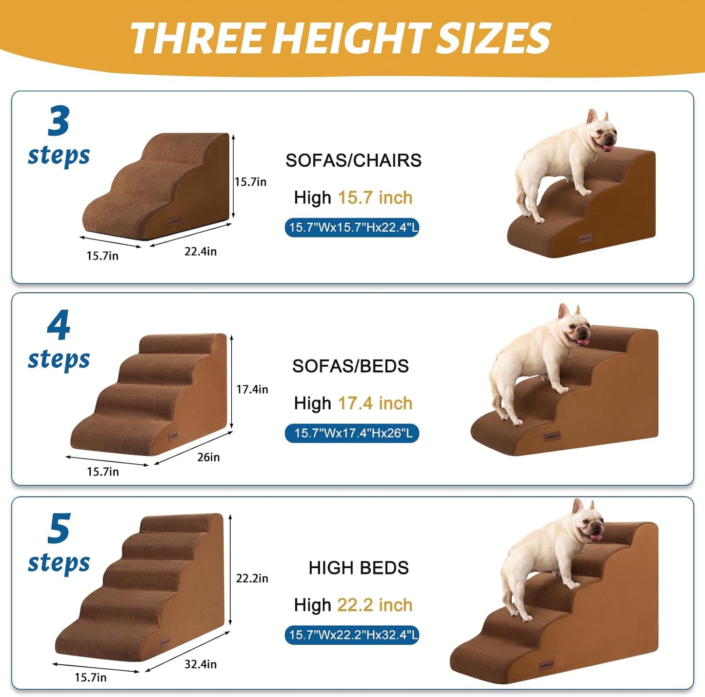 3-Step Dog Ramp and Stairs for Sofa and Chair - Non-Slip Sturdy Pet Steps for Small Dogs and Cats,15.7" H,Brown