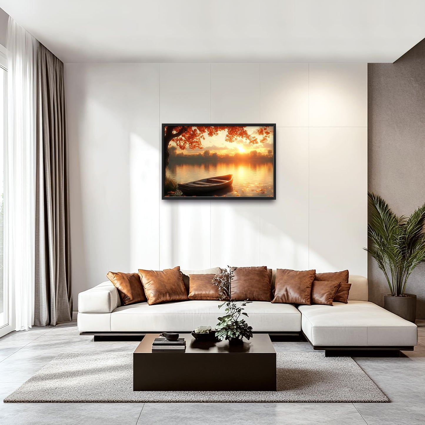 Large Lake Sunrise Landscape Wall Art for Living Room, Nature Boat Canvas Oversized Wall Decor, River Scenery Framed Pictures Painting Print Artwork for Bedroom Office 36"L x 24"W