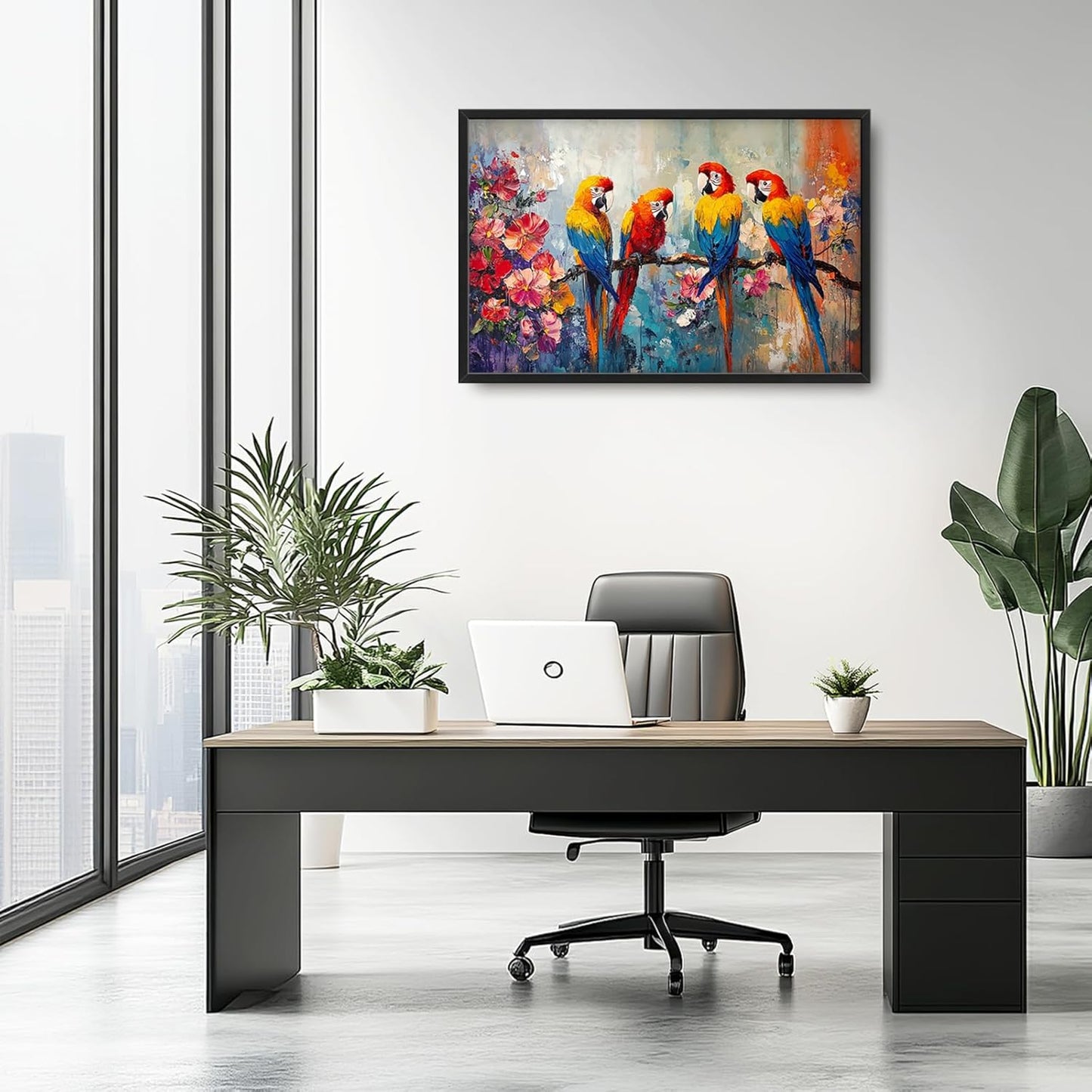 Extra Large Framed Parrot Bird Wall Art,Oversized Abstract Colorful Parrots Flower Wall Decor Pictures for Living Room,Canvas Print Painting Modern Artwork Bedroom Office Bathroom Home Decor 36L x24W