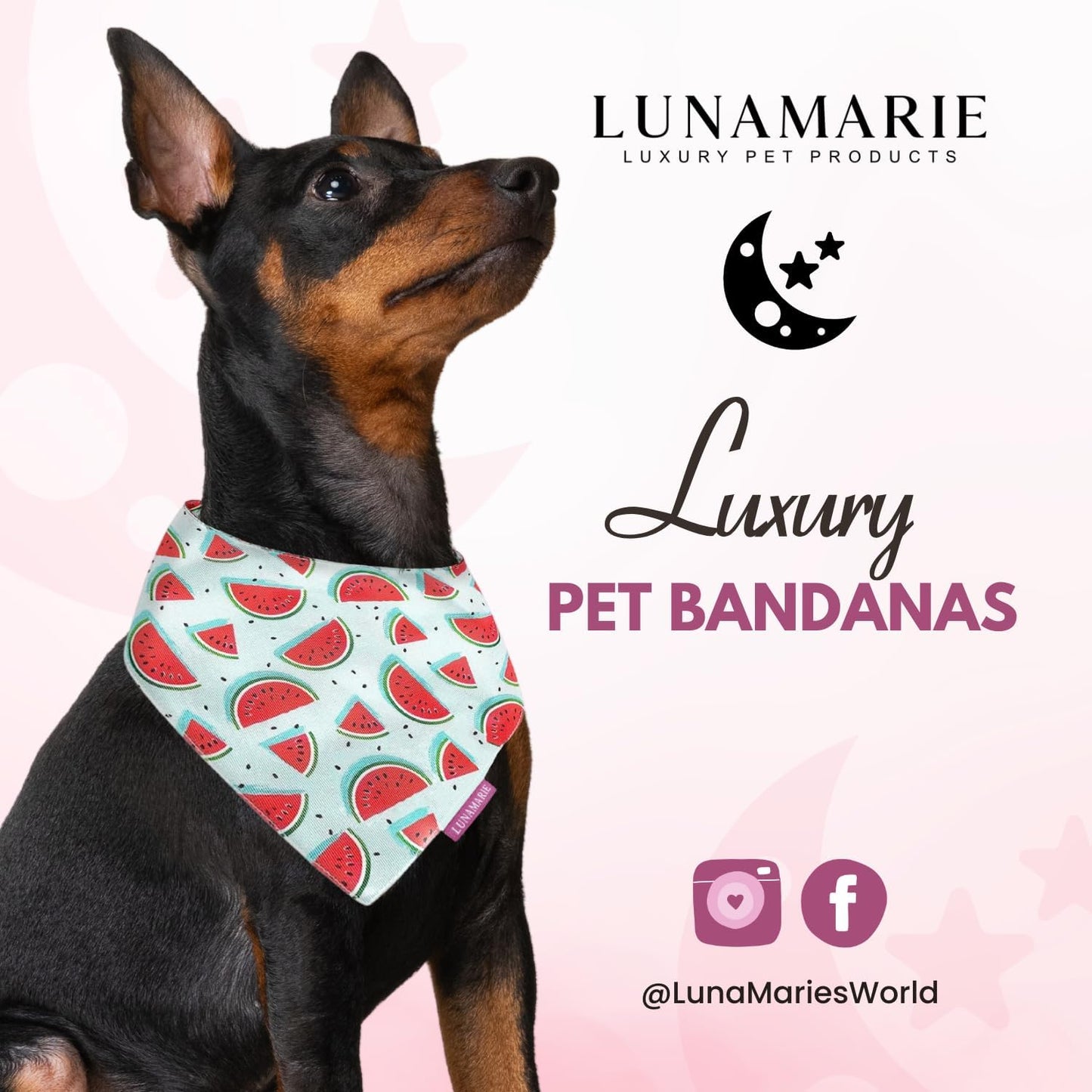LunaMarie - Luxury Dog Bandanas - Cute Watermelon Design | Premium & Soft Fabric | 100% Handmade Custom Adjustable Shape Dual Layered Small, Medium, Large Cat Scarf (Watermelon, Large)