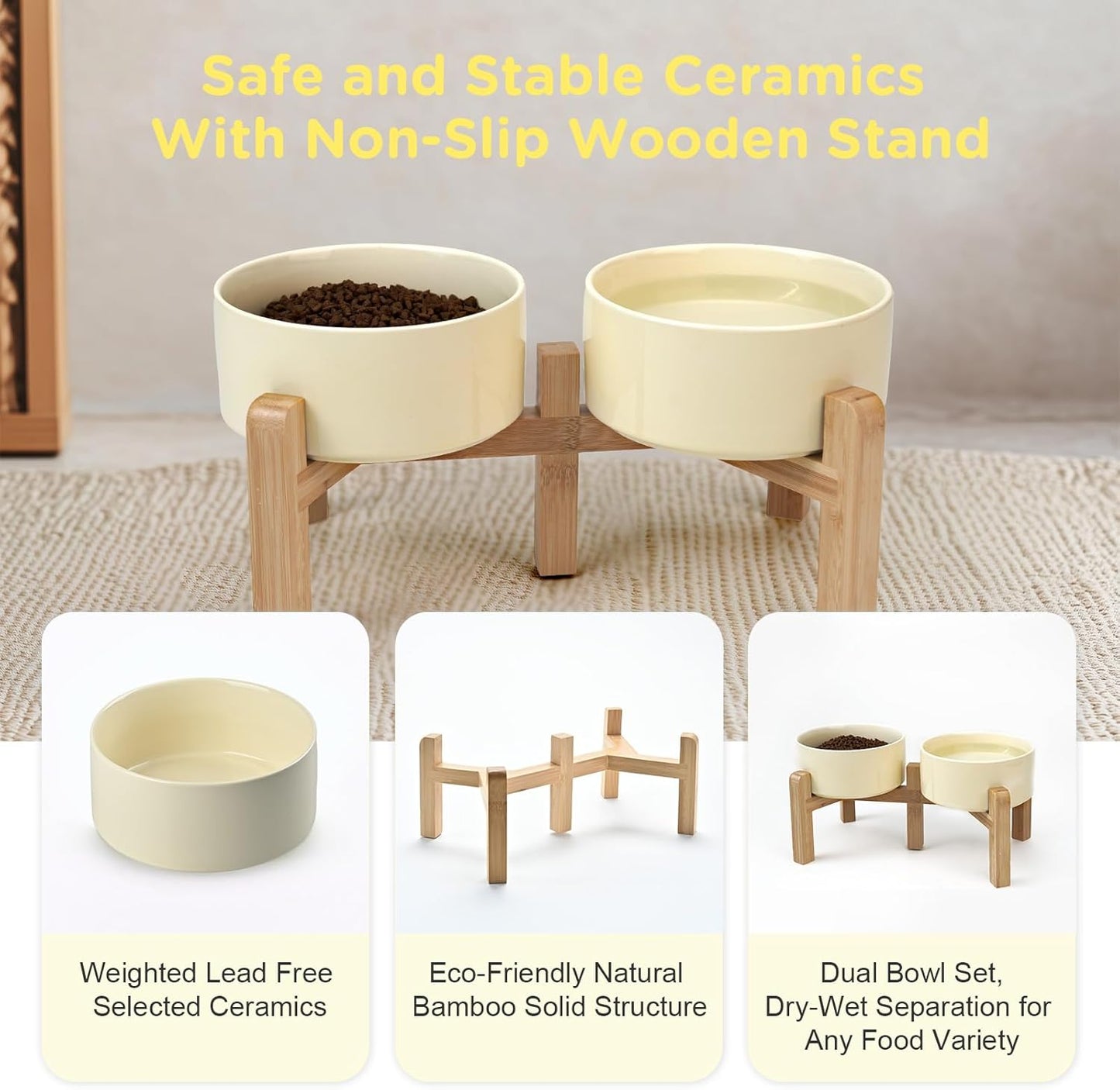 SPUNKYJUNKY Elevated Dog Bowls Ceramic, 6.1'' Dogs and Cat Food Water Bowls Raised with Non-Slip Bamboo Stand for Medium Sized Breed Microwave Dishwasher Safe - 28.7 OZ,Beige