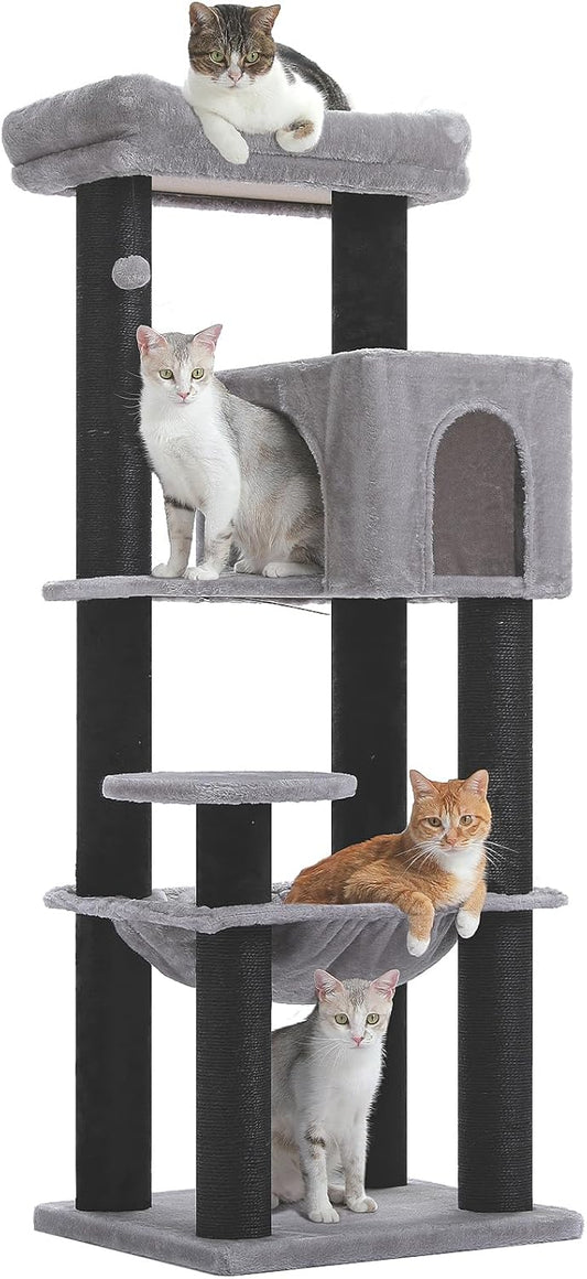 Large Cat Tree with Reinforced Scratching Posts (φ3.1in) for Big Adult Cats 30 lbs, 57.8" Heavy Duty Cat Tower with Larger Hammock and Condo, Cat Furniture for Maine Coon, Plush,Black