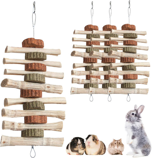 4 PCS Rabbit Chew Toys for Teeth Grinding, Delicious Bunny Cage Hanging Chew Toys, Natural Sweet Bamboo Chew Sticks and Timothy Grass Cake Hay Treats Maintaining Healthy Teeth for Rabbits