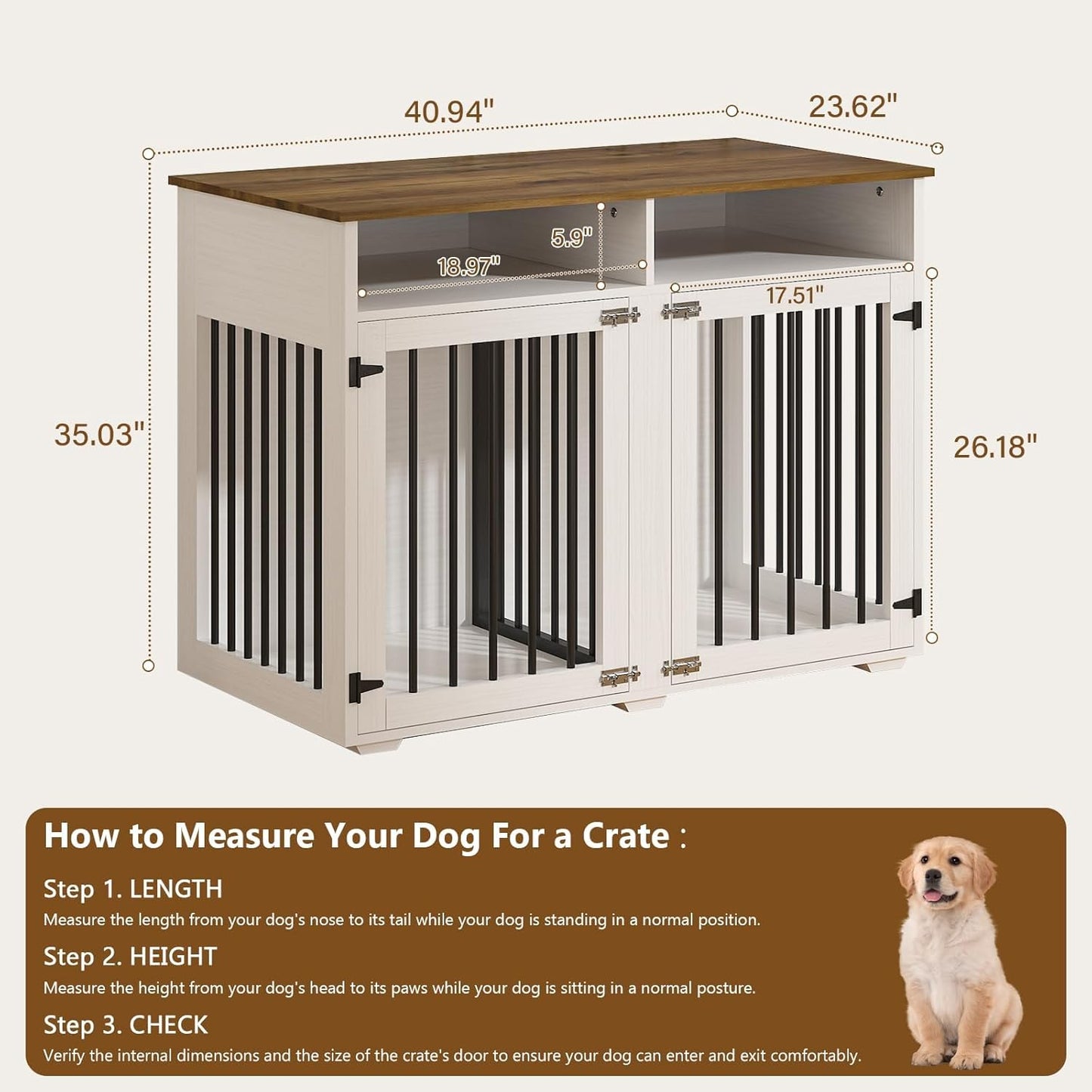 Furniture Dog Crate for 2 Dogs, 41 Inch Dog Kennel Furniture with Removable Divider and Shelf Storage, Wooden Dog Crate for Small/Medium Dogs, White