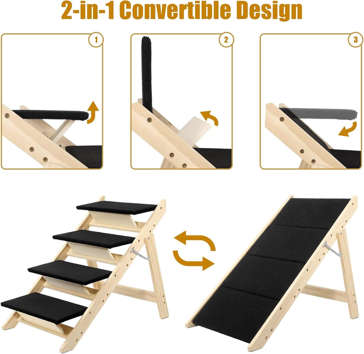 Foldable Dog Stairs/Ramp with 4 Steps - Durable Wooden Pet Stairs for Small, Medium, Large Dogs - Black (5098)