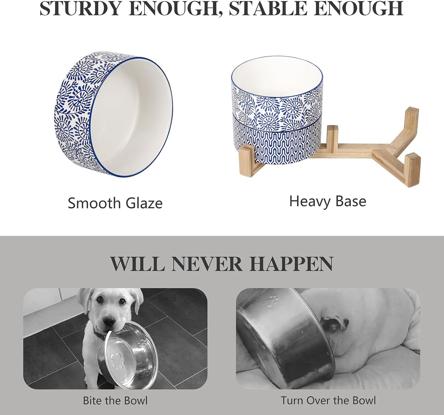 Selamica Ceramic 30 OZ Dog Bowls, Dog Food and Water Bowls with Wooden Stand, Anti-Slip Dog Dishes Set for Cats Small & Medium Sized Dogs, Weighted Pet Bowls Set of 2, Vintage Blue A