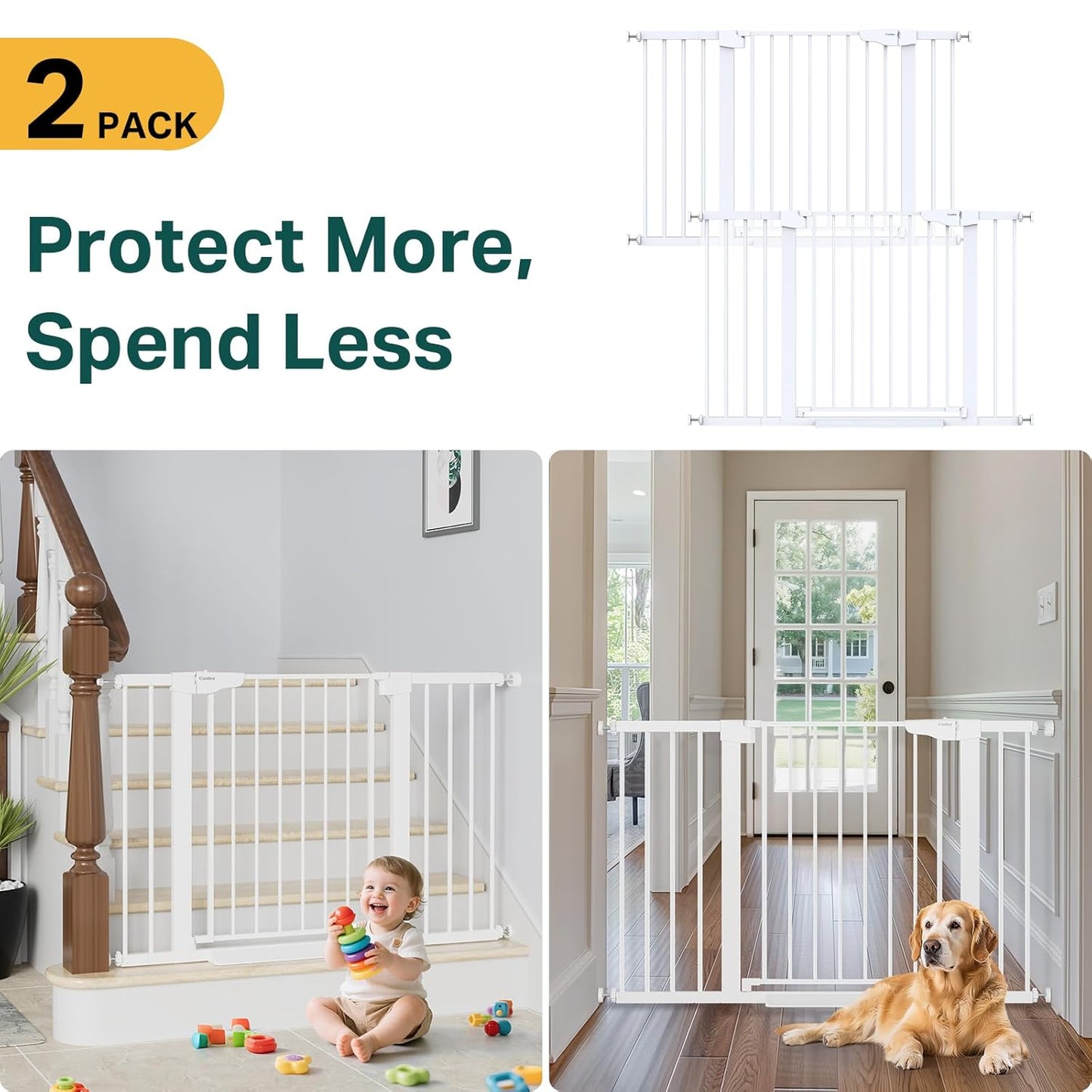 Cumbor 2 Pack 29.7"-48" Baby Gate for Stairs, Mom's Choice Awards Winner-Dog Gate for Doorways, Pressure Mounted Auto-Close Pet Gates for Dogs Indoor, Safety Child Gate with Easy Walk Thru Door,White