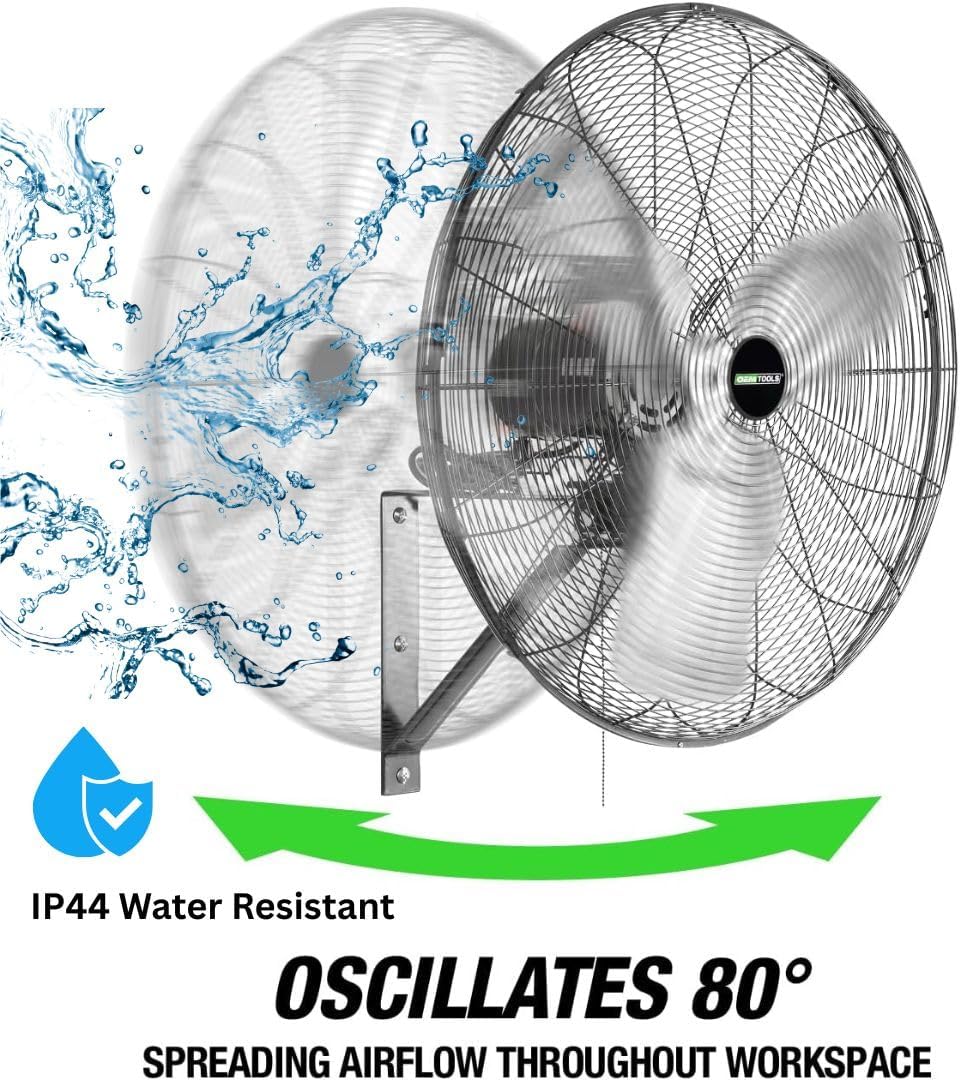OEMTOOLS 24" Outdoor Wall Mount Fan, 80° Oscillating Fan 6800 CFM Max, Water Resistant, Use in Garage, Gym, Warehouse, Factory and Jobsite