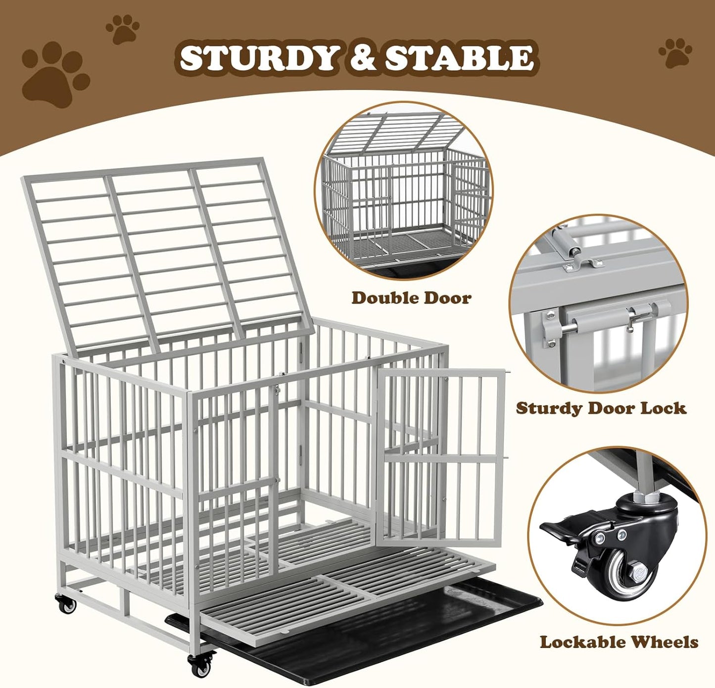 Dog Crate with Removable Tray, 37/42/46 Inch Indestructible and Escape Proof Steel Dog Cage Kennel for High Anxiety Dogs, Heavy Duty Dog Crate with Wheels, Double Door, Extra Large XL XXL