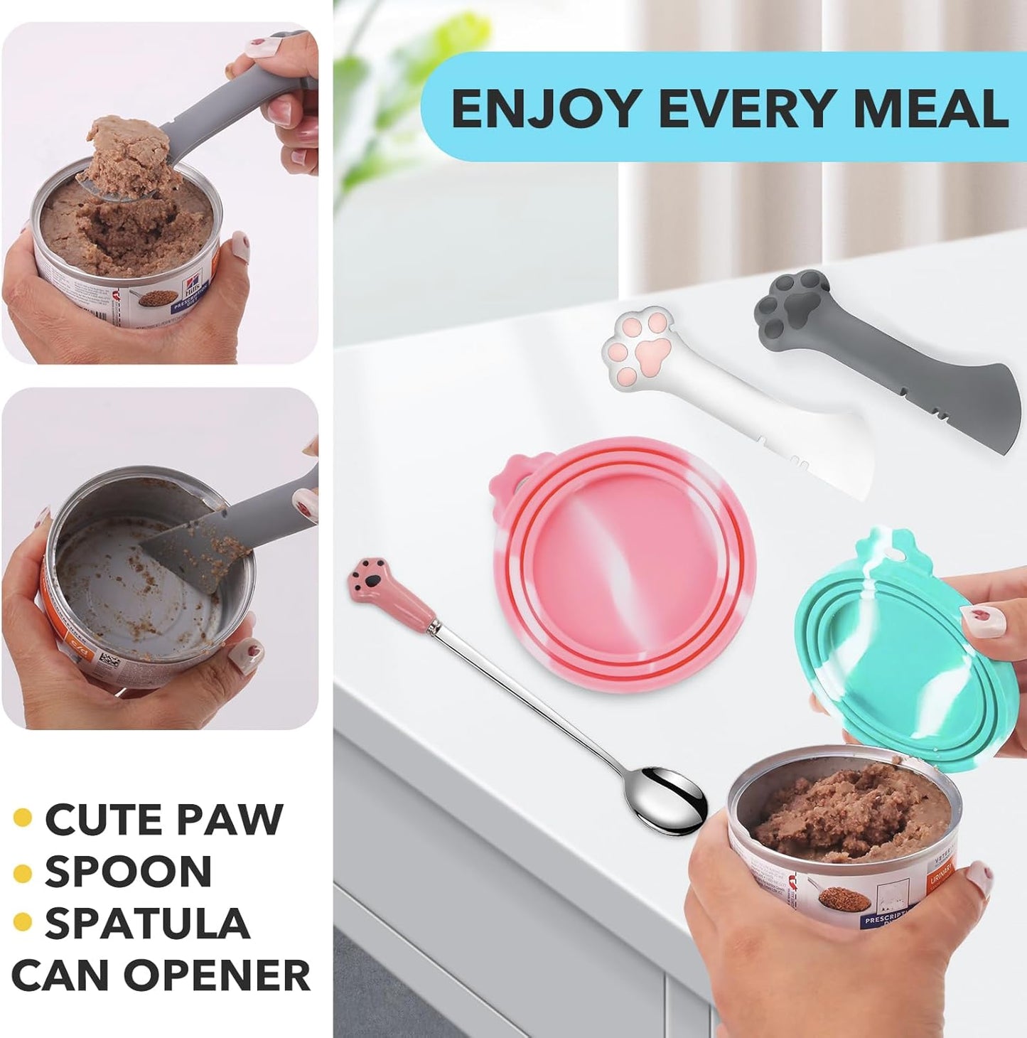 Comtim 5 PCS Pet Food Can Lids & Spoons Set - Silicone Dog Cat Food Can Covers Lids Top/Multi-Function Cat Food Spoon Spatula Can Opener for Wet Food/Long Handle Spoon Easy to Scoop Food