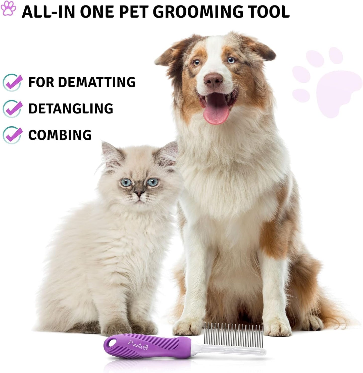 Poodle Pet Detangling Pet Comb with Long & Short Stainless Steel Teeth for Removing Matted Fur, Knots & Tangles – Detangler Tool Accessories for Safe & Gentle DIY Dog & Cat Grooming