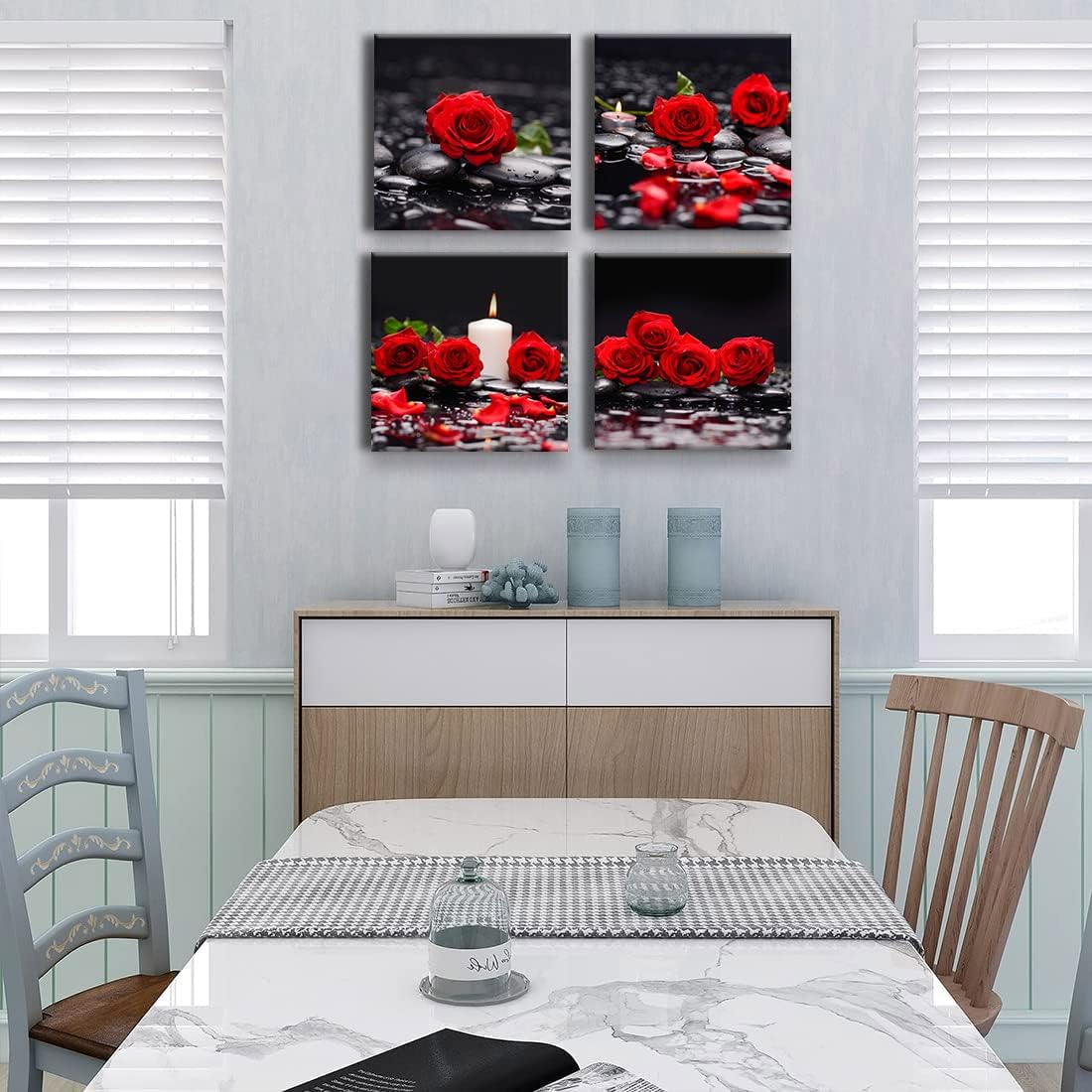 Yxbhhym-Zen Bathroom Wall Art Rose Picture Black and Red Wall Decor Flower Canvas Prints Meditation Poster Framed Wall Art for Living Room Bedroom Accessories Room Décor Spa Stone Decorations