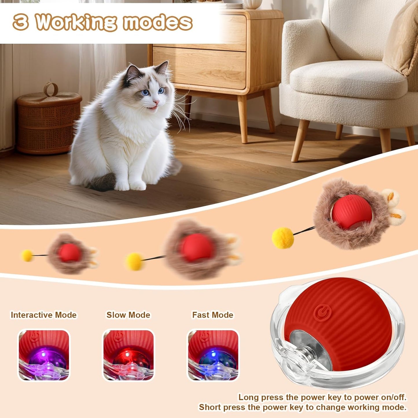 Rocfish Interactive Cat Toys Ball - Automatic Fast Rolling Ball in Play Mat, Hide and Seek Mouse Catching Game, Low-Noise Cat Enrichment Toys in Pouch for Indoor Bored Cats (Red Toy & Square Mat)