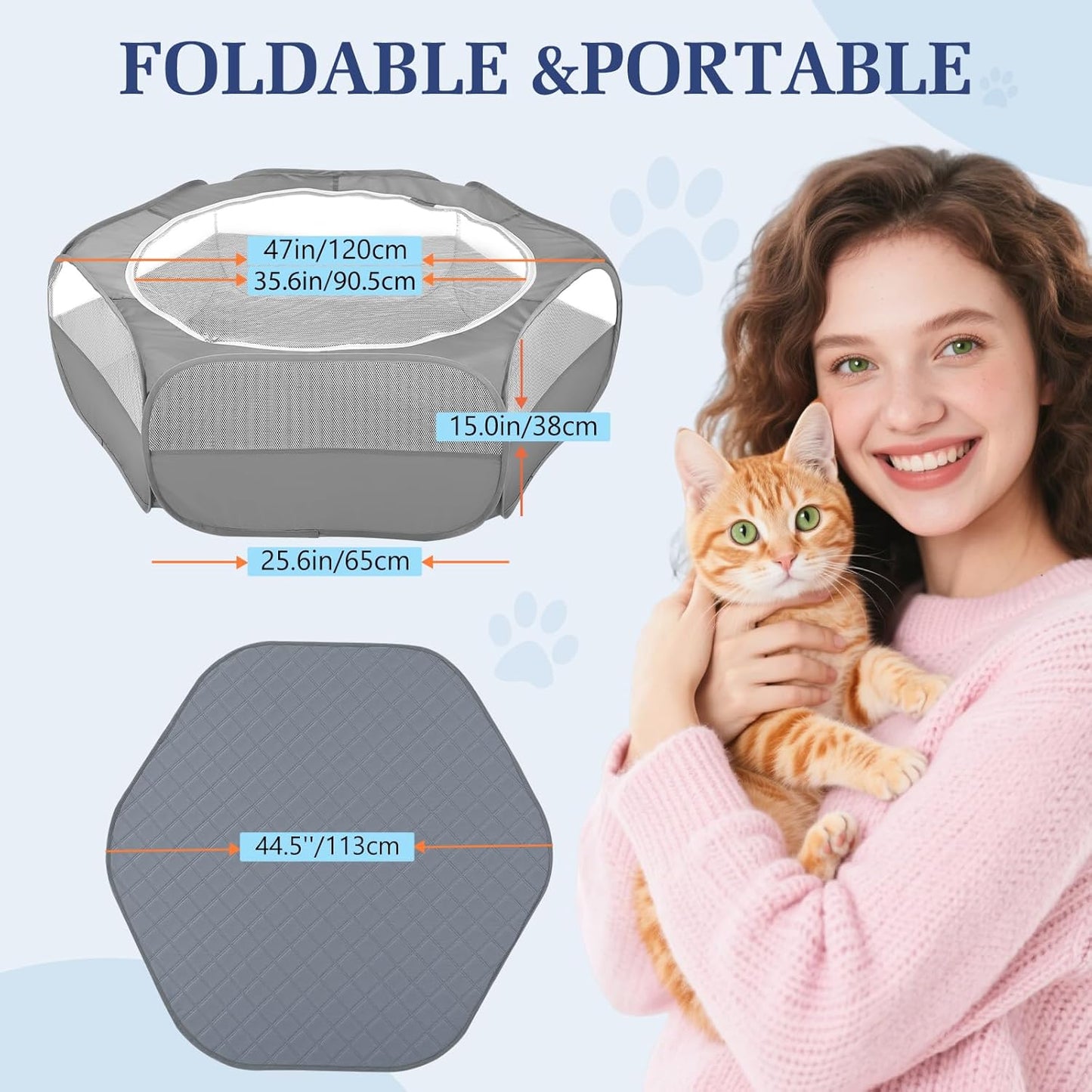 2-in-1 Small Animals Playpen with Pad, Waterproof Small Pet Cage Tent with Reusable Pad, Portable Outdoor Yard Fence with 3 Metal Rod for Chick/Kitten/Puppy/Guinea Pig/Rabbits/Chinchillas, Gray