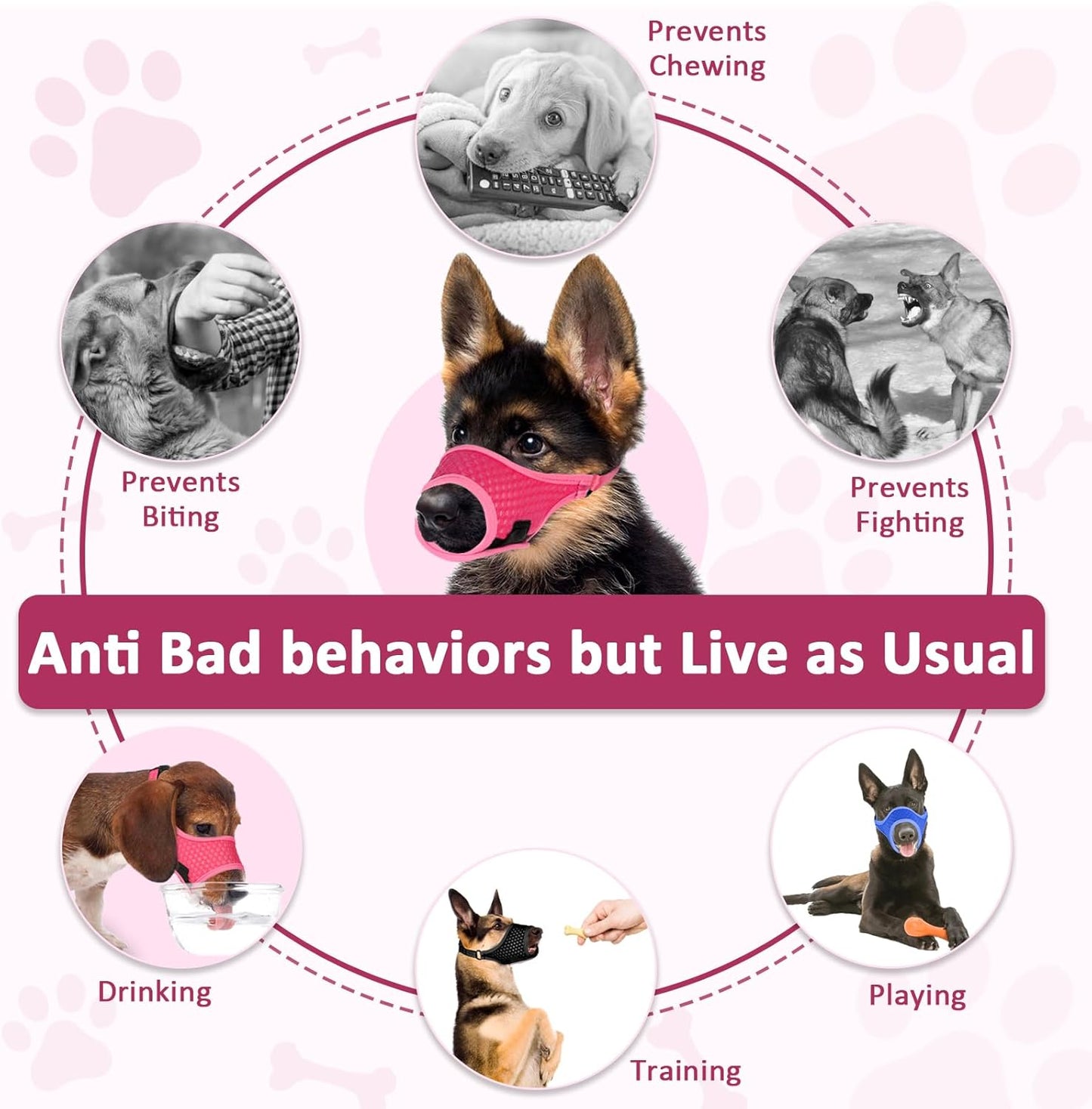 LUCKYPAW Dog Muzzle, Soft Muzzles for Large Medium Small Dogs to Prevent Biting Chewing with Ring and Adjustable Strap for Vet Visit Training (Hot Pink, M)