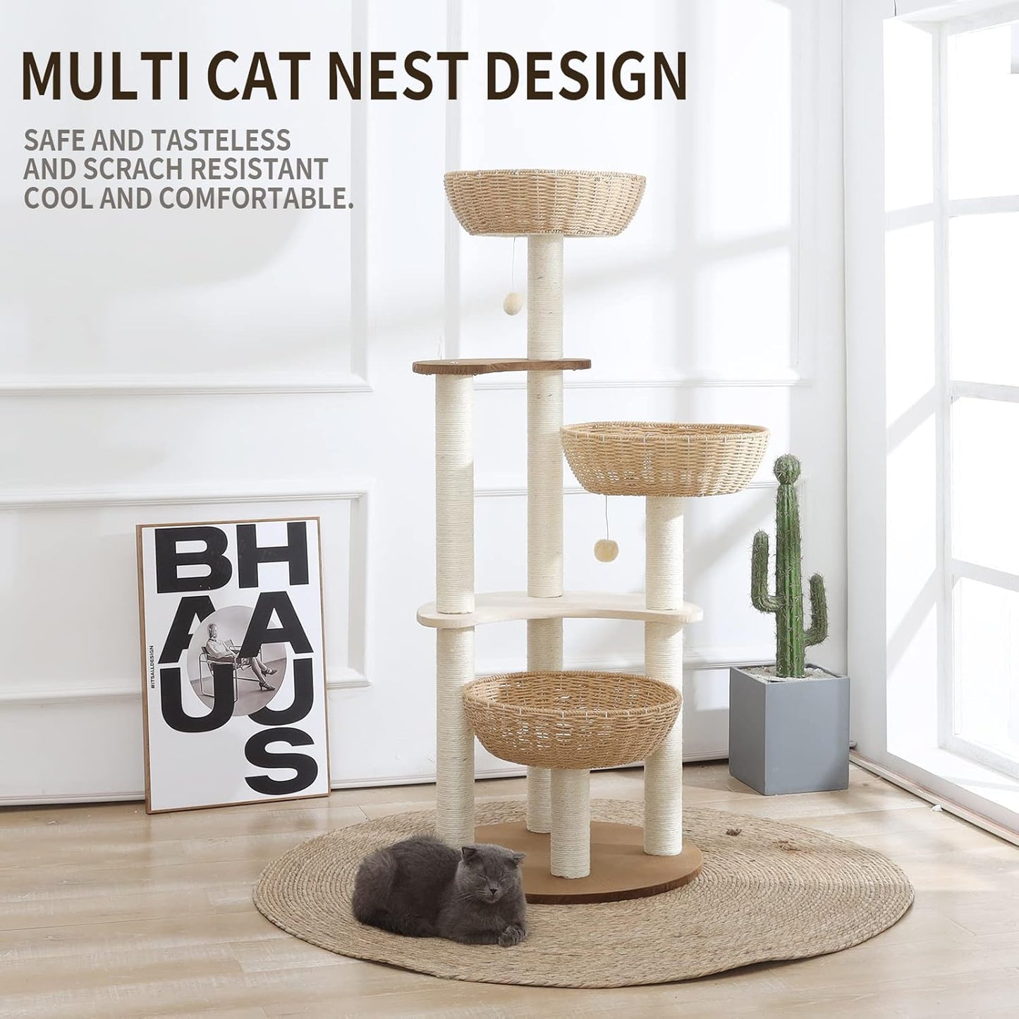 52" Modern Cat Tree Tower for Large Cats, 3Cat Nests Manual Hand Woven Multilevel Huge Paws Pals Cat Tree, Wood Cat Tower, Cat Scratching Tree, Cat Condo, Cat Lover Gift