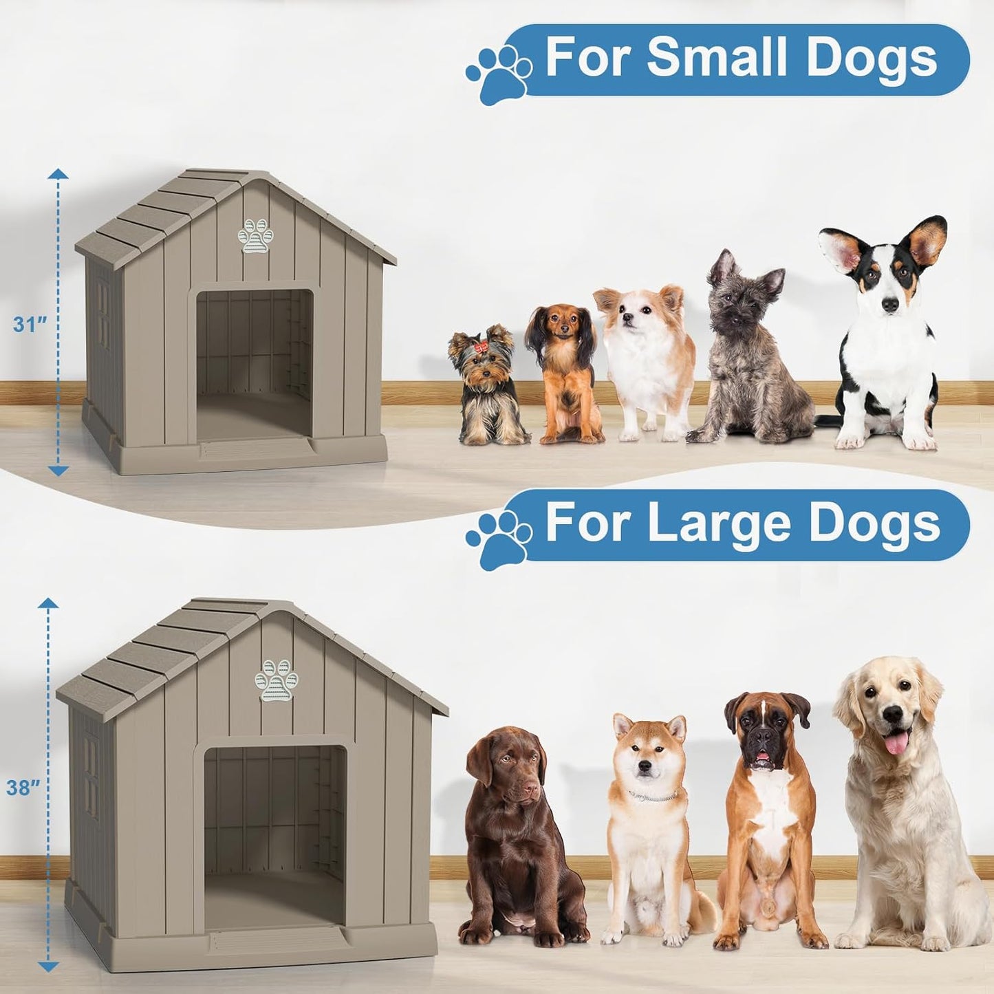 Dog House Indoor Outdoor for Small to Large Sized Dogs Resin Outdoor Dog House with Ventilation Puppy Shelter with Elevated Floor, Easy to Assemble, Blue