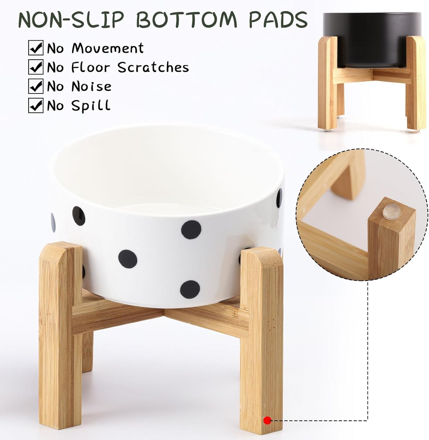 Petygooing Elevated/Raised Ceramic Dog Bowl for Small Breeds, Dog Food Water Dish with Stand,Pet Feeding Bowl with Anti Slip Rubber for Cats and Small Dogs Puppy 13.5 OZ (5.1In / 1.7 Cups) Black Dot