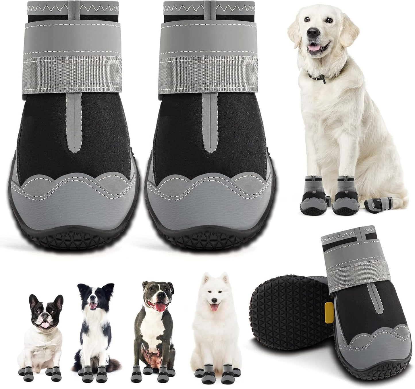 Dog Shoes for Large Dogs, Medium Dog Boots & Paw Protectors for Hardwood Floors, Outdoor Dog Booties for Hot Pavement Winter Snow Hiking, Waterproof Dog Shoes with Reflective Strips Size 4