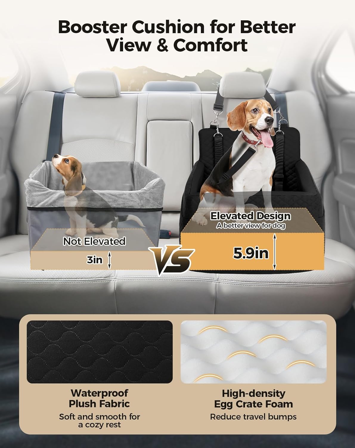 Dog Car Seat for Small & Medium Dogs Under 35lbs, Detachable & Washable Pet Car Seat, Interior Height 6 Inches Pet Travel Bed with Storage Pockets and 2 Dog Safety Belts (Black)
