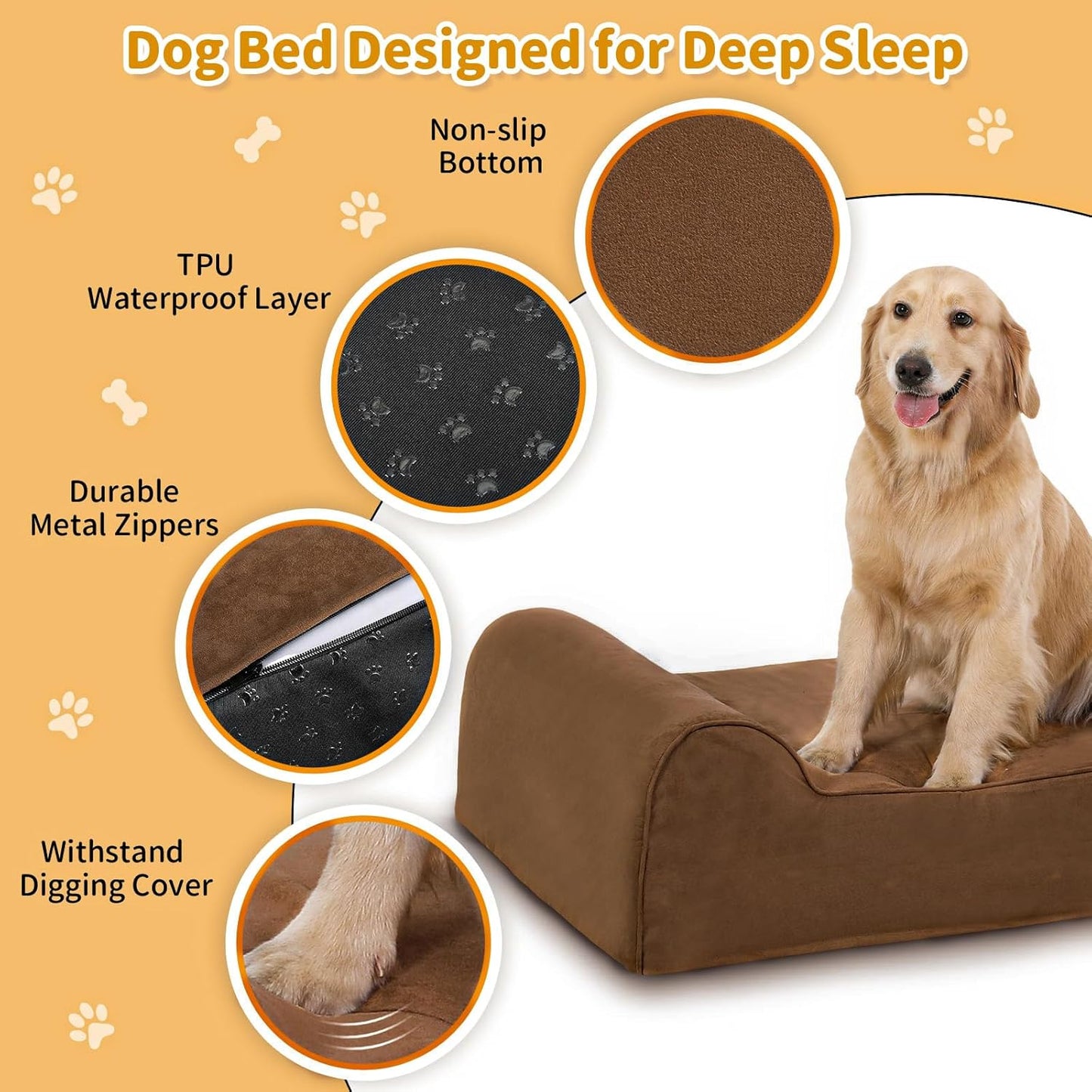 Large Orthopedic Dog Bed, 7" Memory Foam with Waterproof Liner, Chew Resistant Microsuede Cover, Removable and Washable, for Indoor, Outdoor, and Car Use, Nonskid Base, 48"x30" L Brown