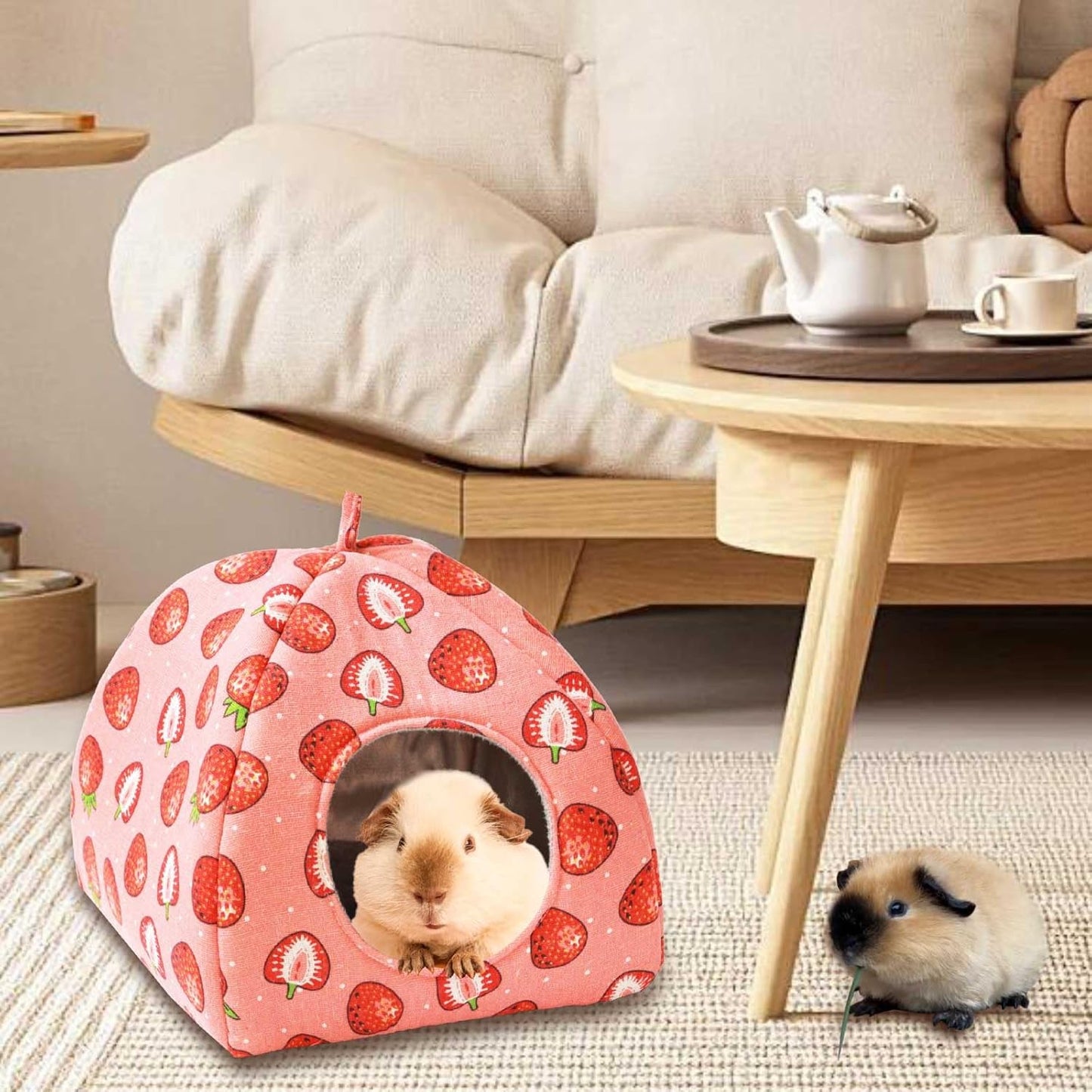 JSPYFITS Guinea Pig Hideout Bed Rabbit House Cave Accessories Cozy Hide-Out Guinea Pig Bed Washable Cage for Small Pet Hamster Ferret Rabbit Bunny Pink Strawberry