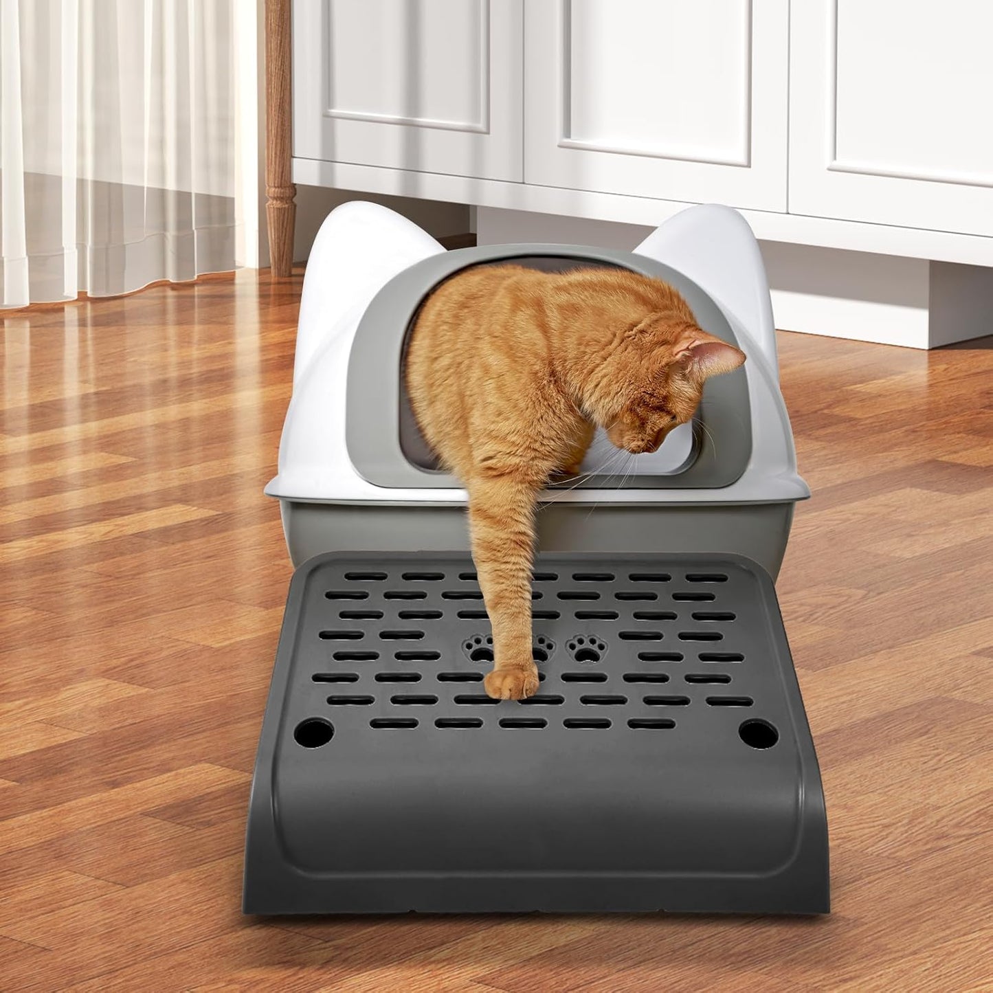 Cat Ramp for Litter Box Step, Stainless Steel Automatic Litter Box Ramp Cat Steps Mat with Filter Function, Double Layered Self Cleaning Cat Stairs with Storage Space for Litter Catcher (Black)