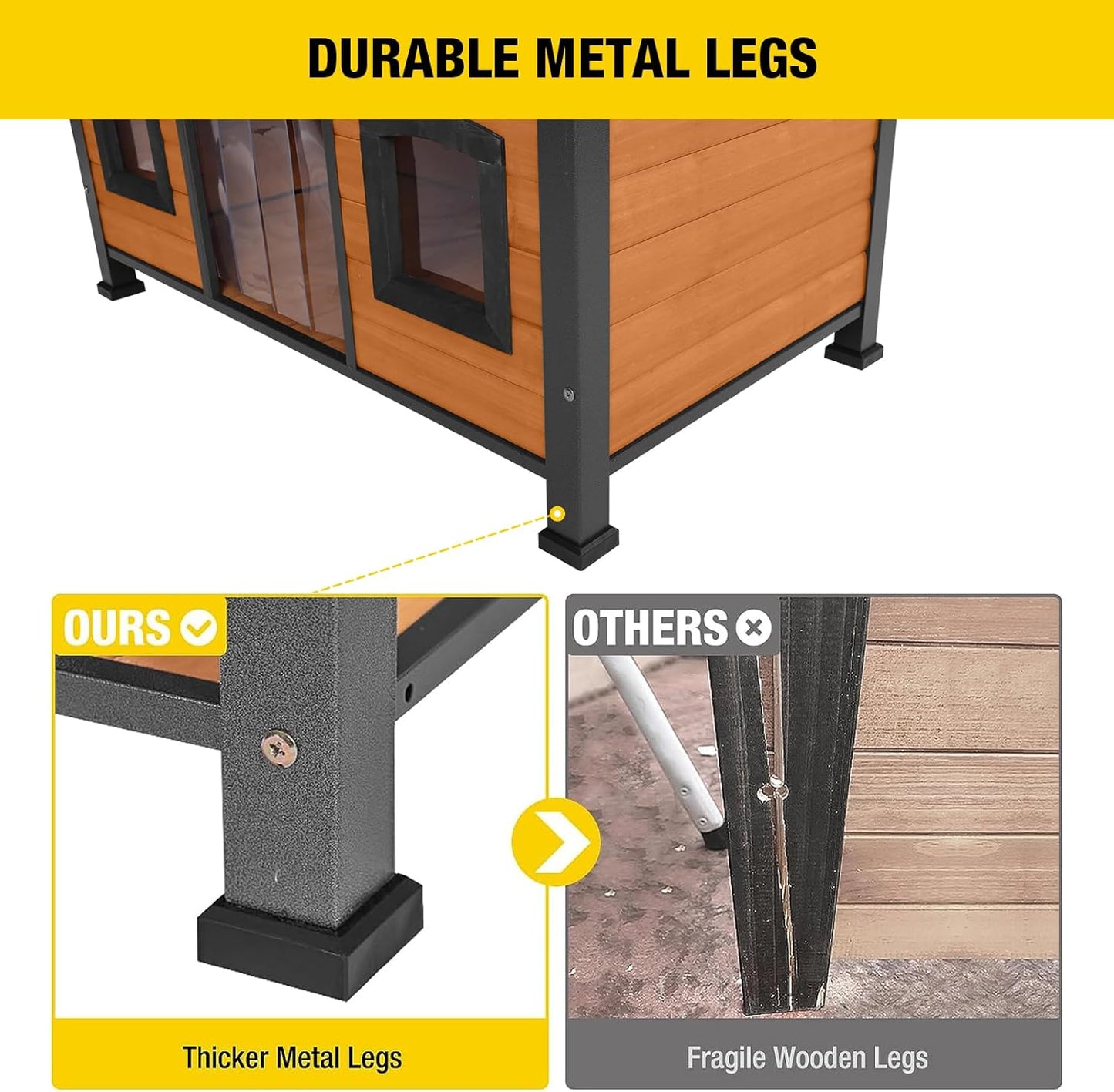 Aivituvin Large Dog House Anti-Chewing Metal Frame Design Insulated Wooden Dog Kennel with Unique Design Roof, Weatherproof Dog House for Outdoor Indoor