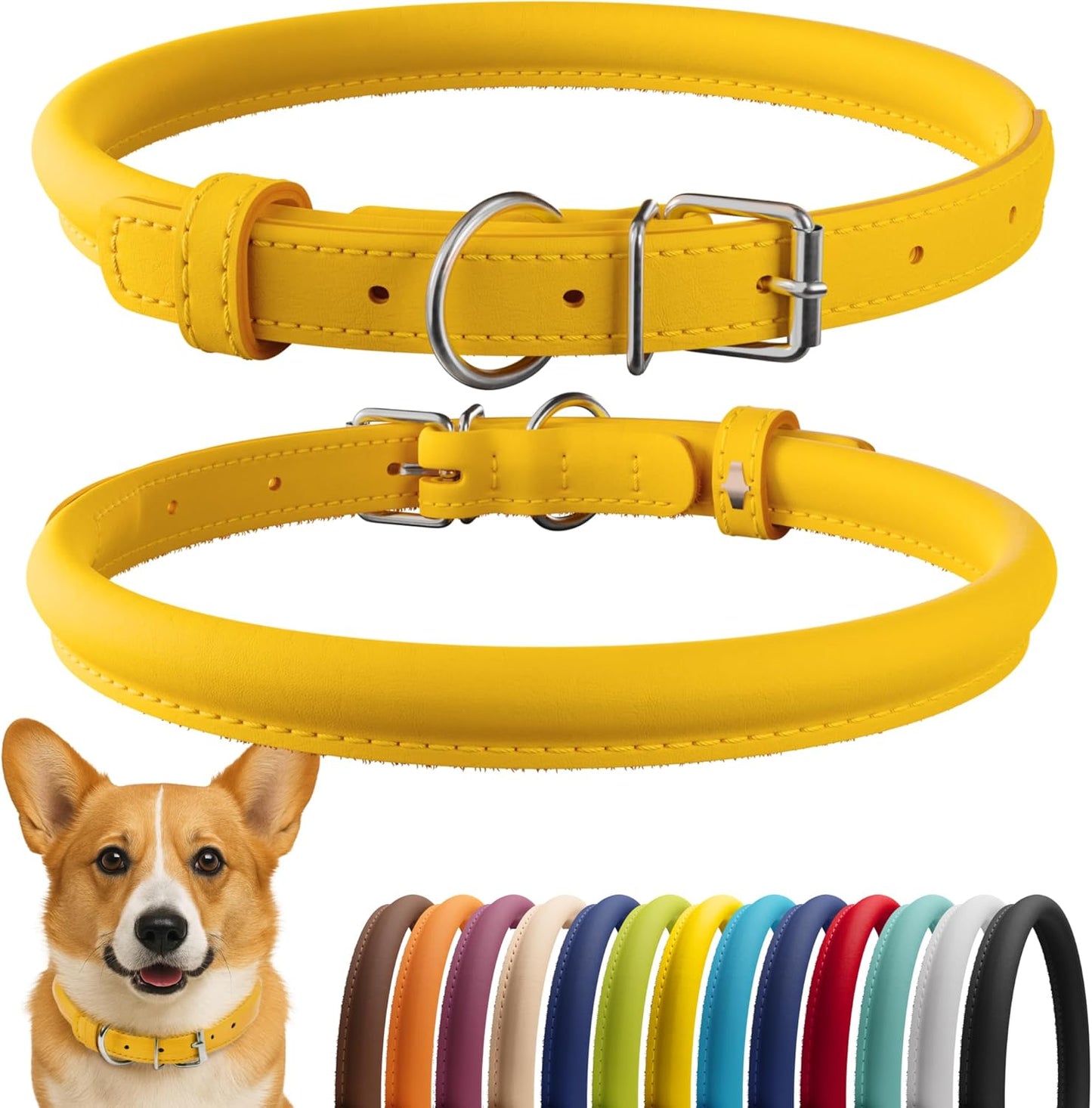 CollarDirect Rolled Leather Dog Collar, Soft Padded Round Puppy Collar, Handmade Genuine Leather Collar Dog Small Large Cat Collars 13 Colors (13-16 Inch, Yellow Smooth)