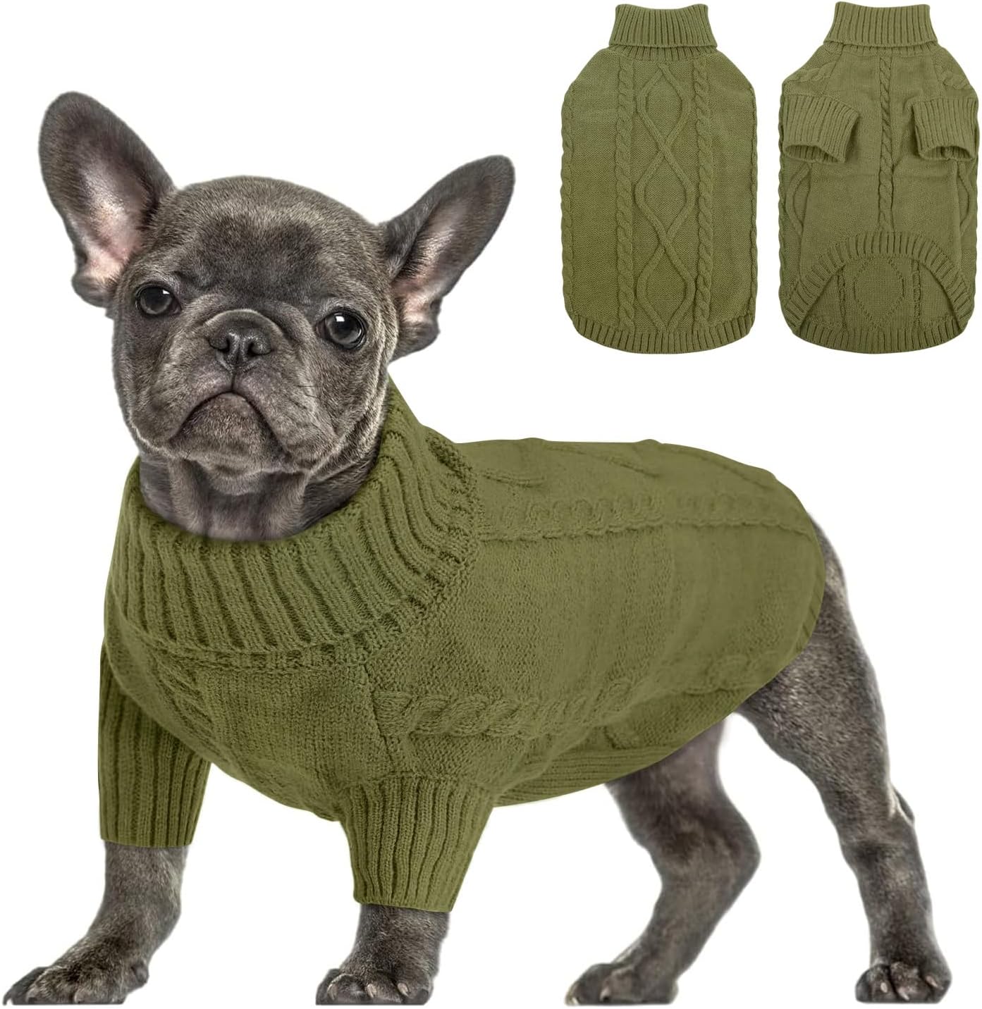 Queenmore Small Dog Pullover Sweater, Cold Weather Cable Knitwear, Classic Turtleneck Thick Warm Clothes for Chihuahua, Bulldog, Dachshund, Pugl,OliveGreen,XS